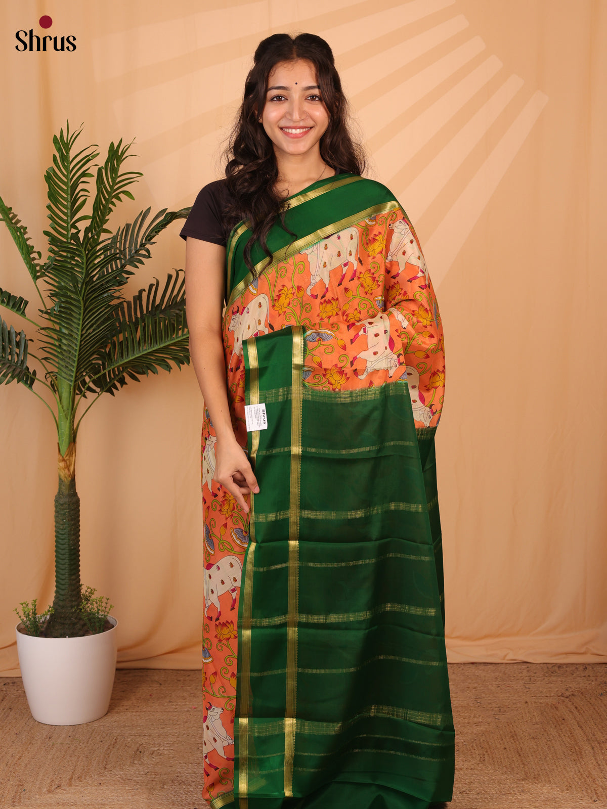 Orange & Green - Mysore Silk Saree - Shop on Shrus.com