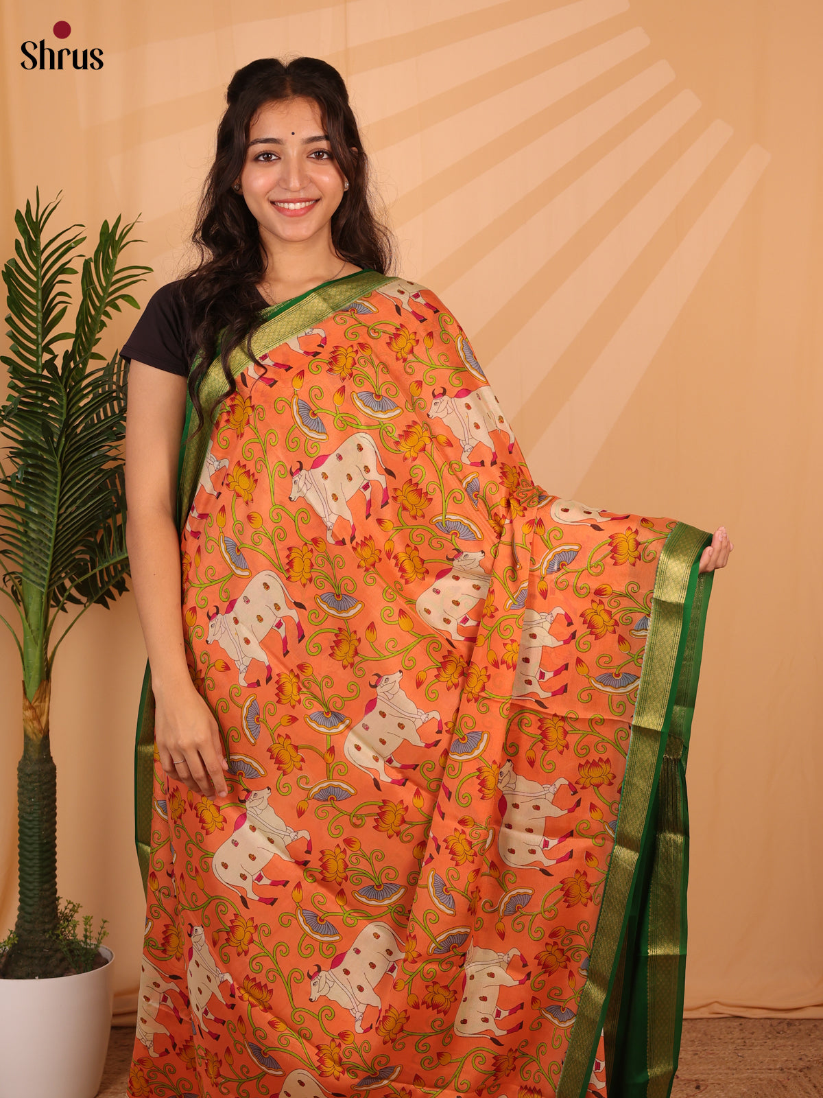 Orange & Green - Mysore Silk Saree - Shop on Shrus.com