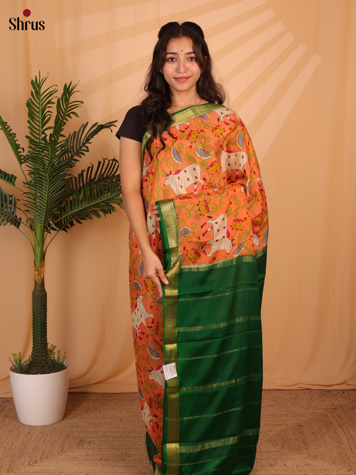 Orange & Green - Mysore Silk Saree - Shop on Shrus.com