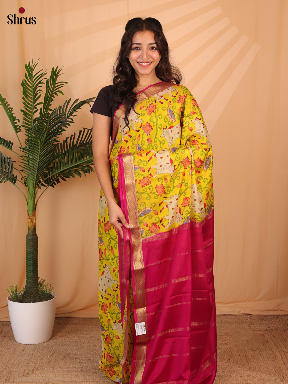 Yellow & Maroon- Mysore Silk Saree - Shop on Shrus.com