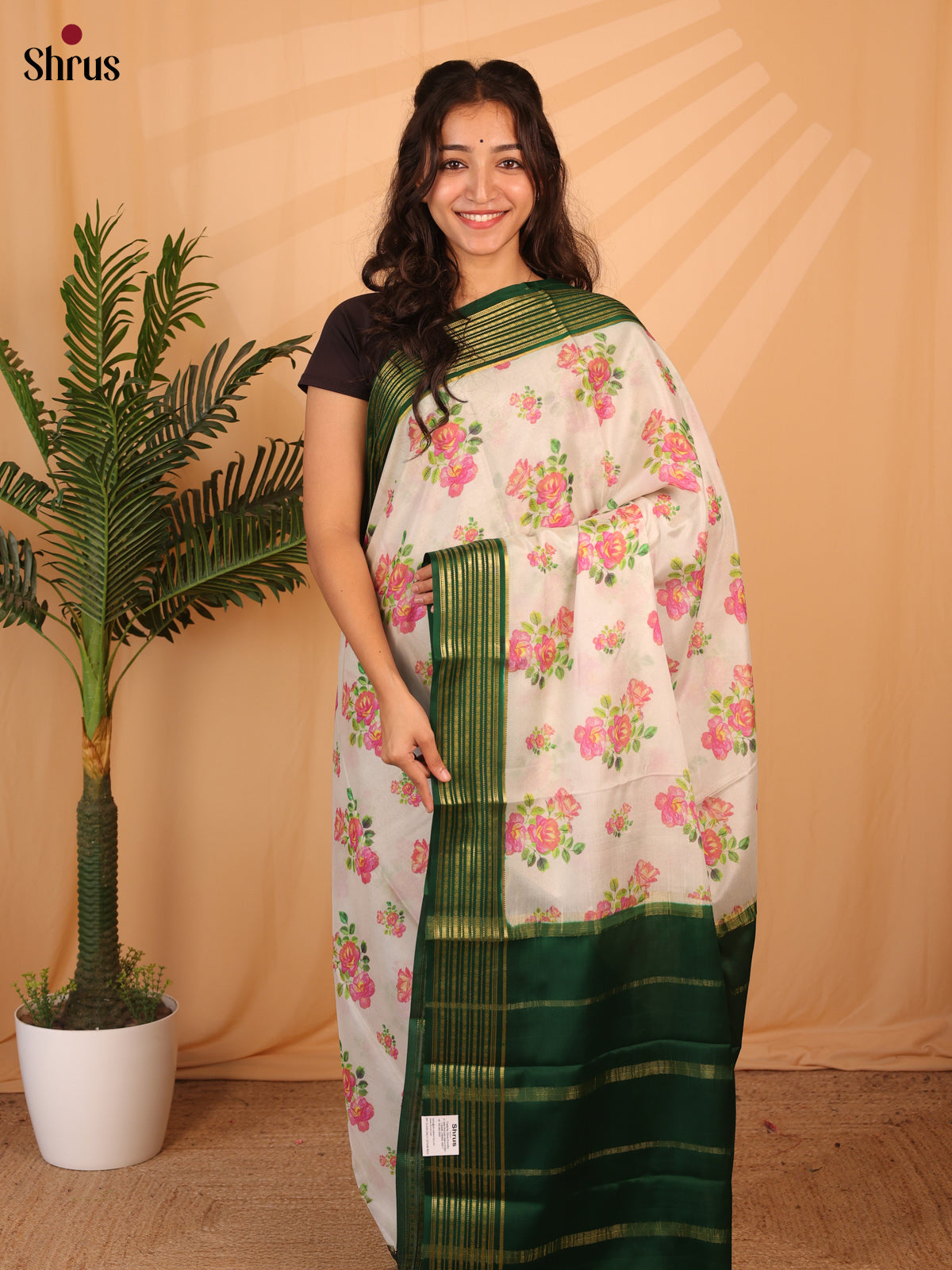 Cream & Green- Mysore Silk Saree - Shop on Shrus.com
