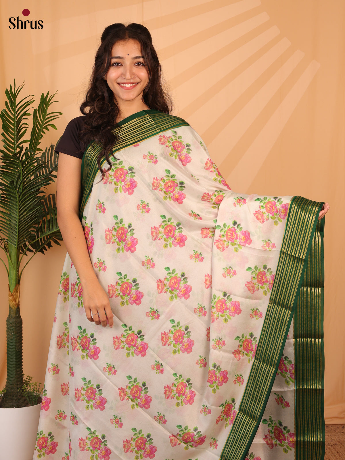 Cream & Green- Mysore Silk Saree - Shop on Shrus.com