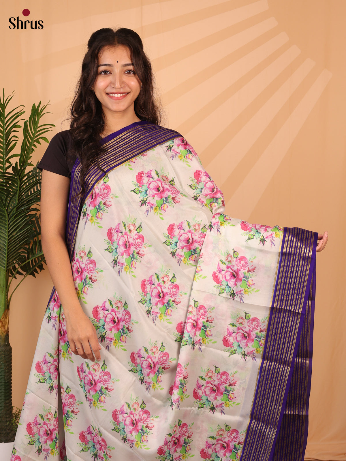 Cream & Violet - Mysore Silk Saree - Shop on Shrus.com