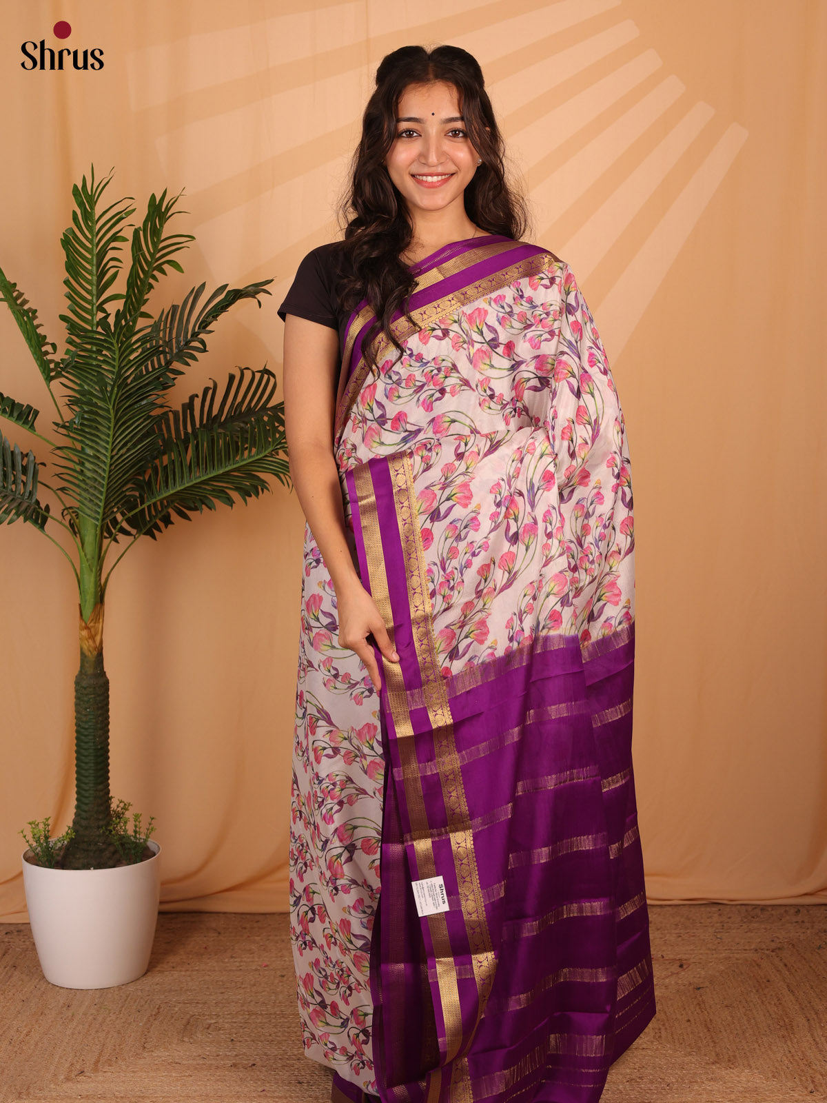 Cream & Purple - Mysore Silk Saree - Shop on Shrus.com