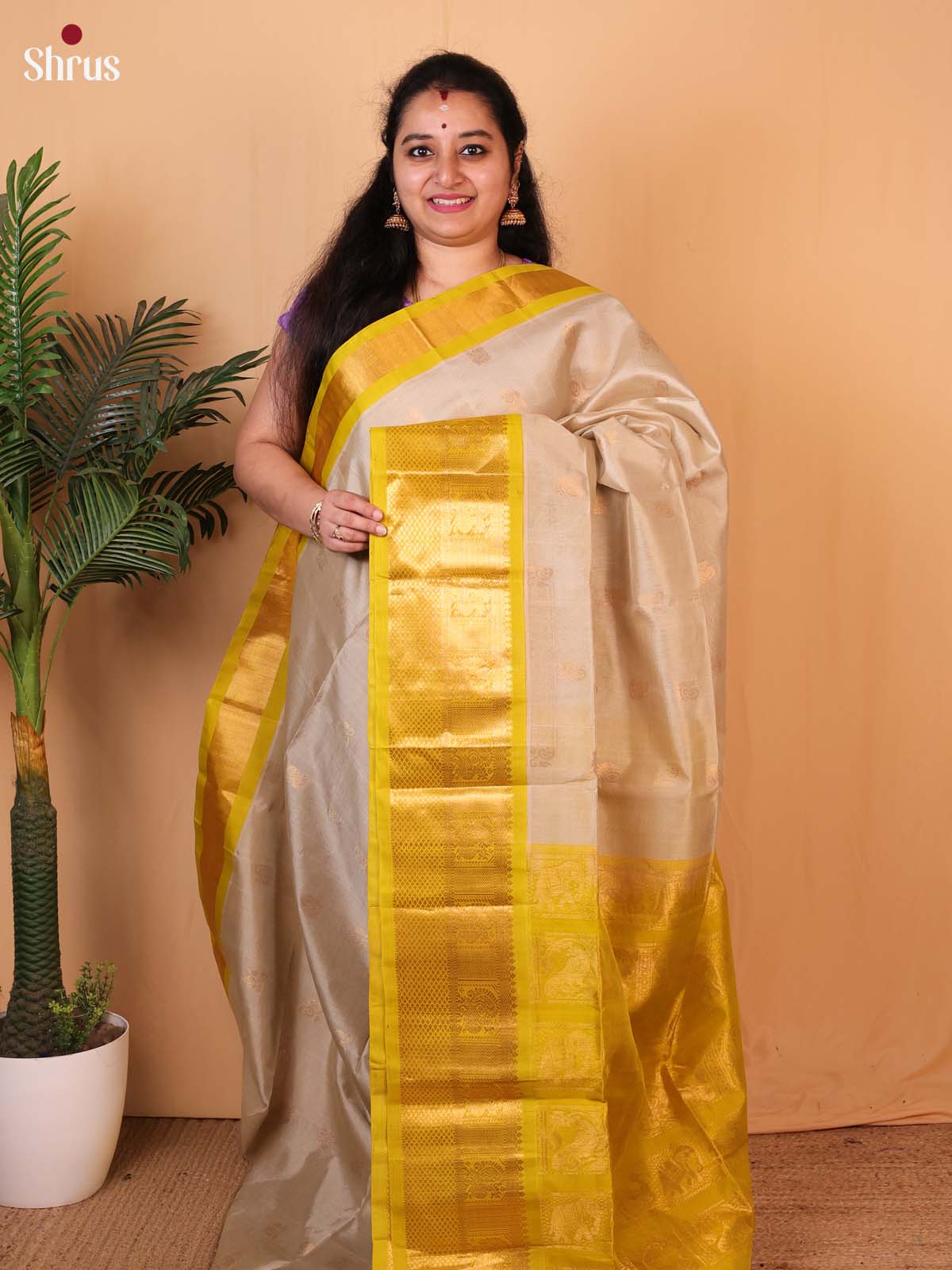 Cream & Mustard - Silk Cotton Saree - Shop on Shrus.com