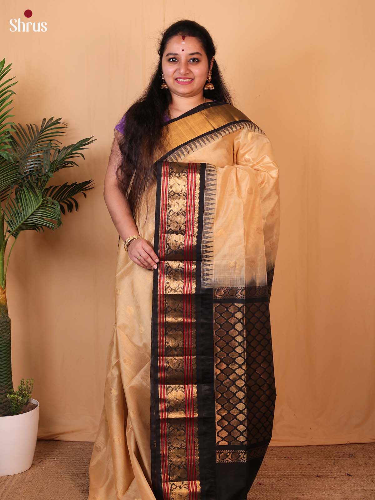 Cream & Black - Silk Cotton Saree - Shop on Shrus.com