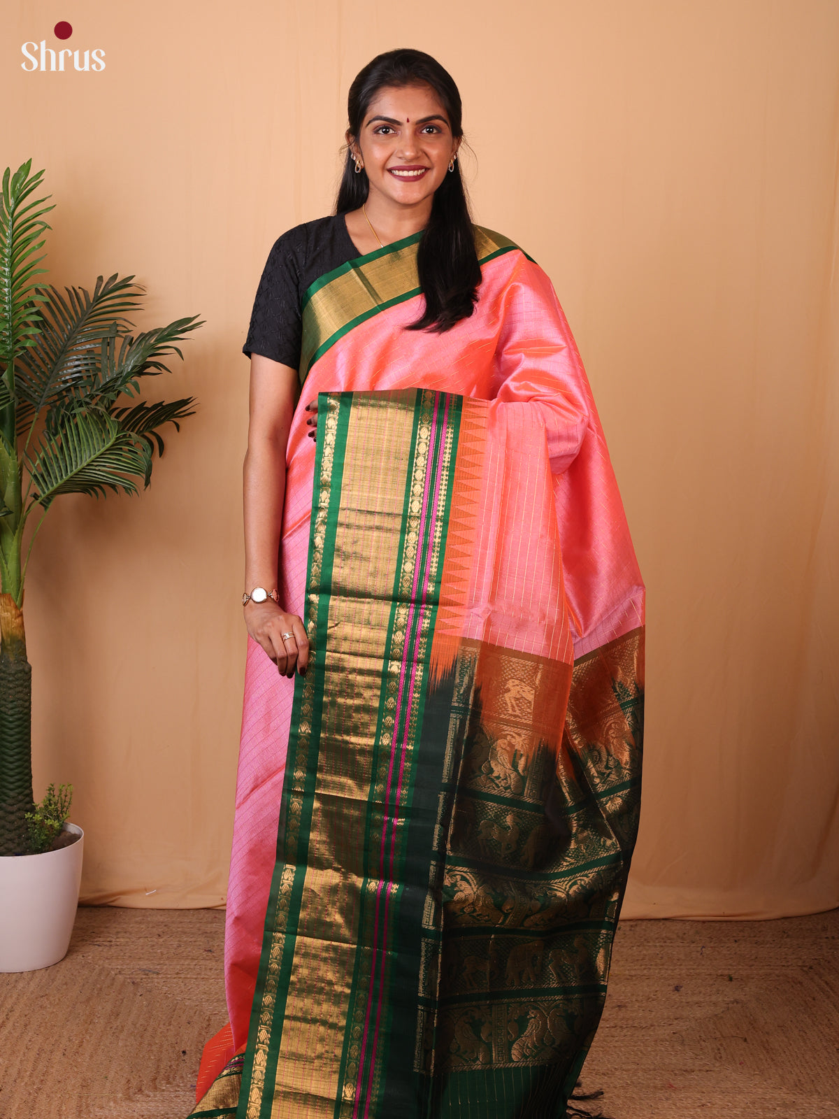 Breezy Pink Silk Cotton Saree With Zari Kattams(Checks) Across The Body And Contrast Green Border - Shop on Shrus.com