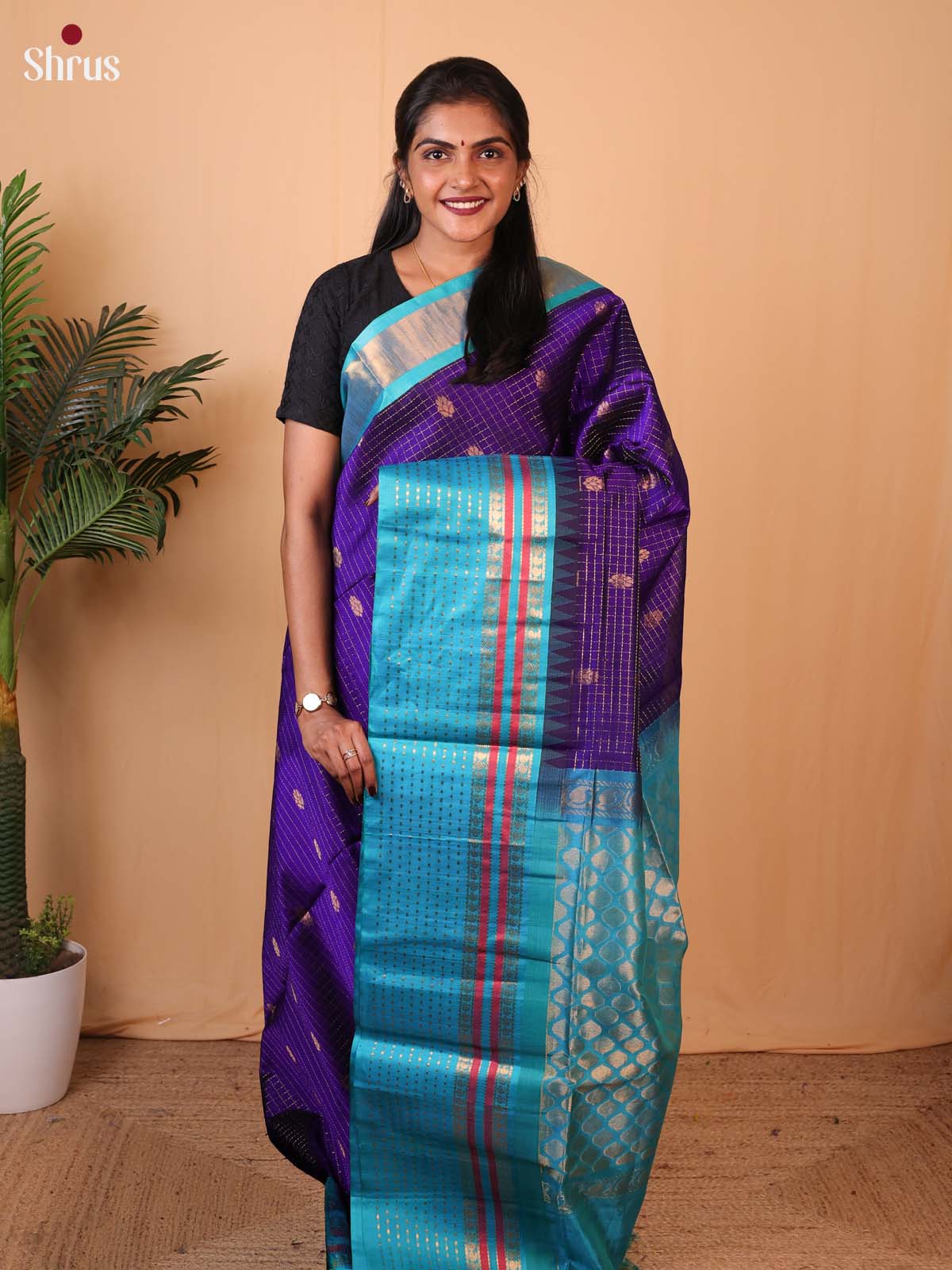 Violet & Teal- Silk Cotton Saree - Shop on Shrus.com