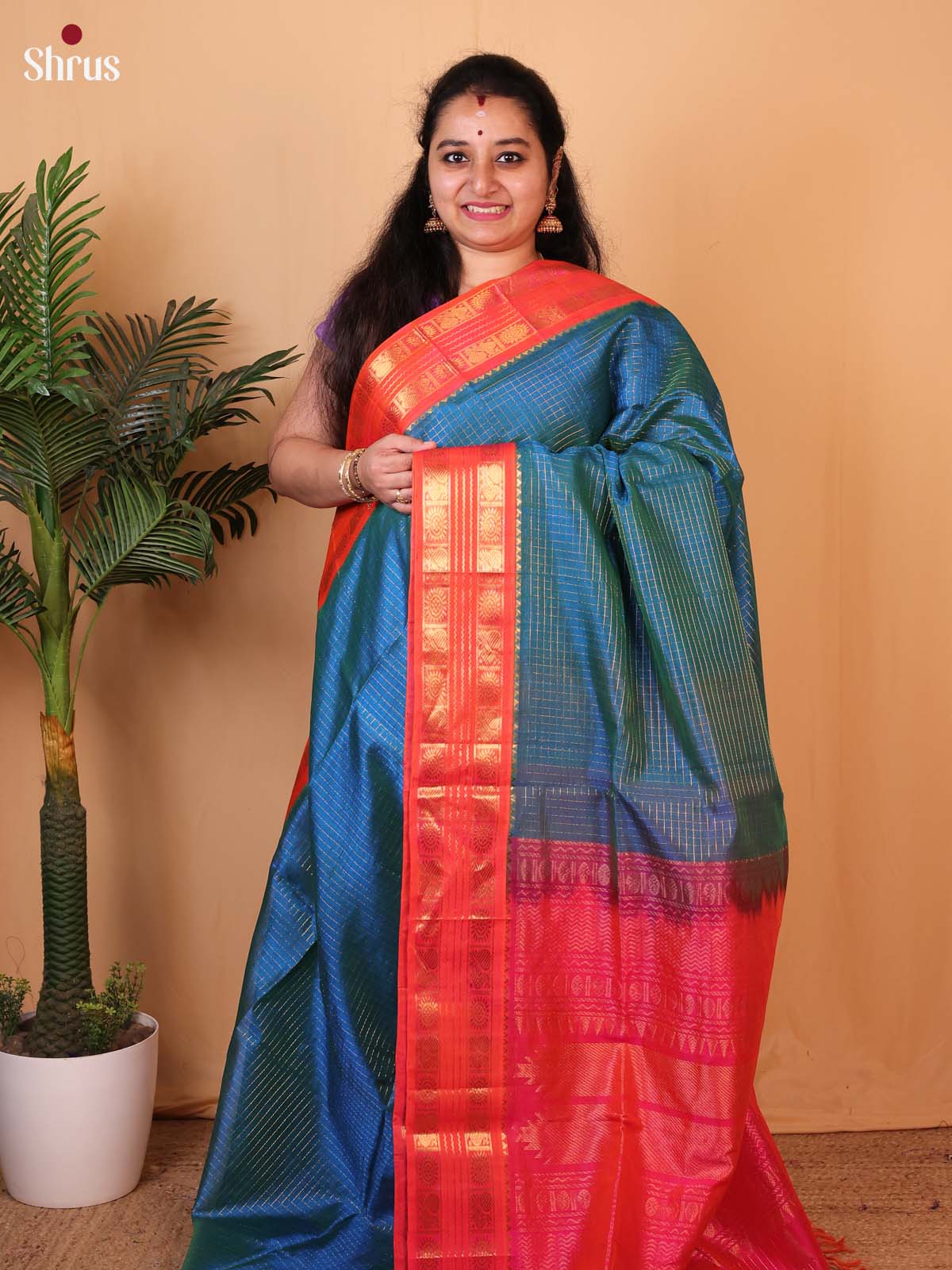 Blue & Pink - Silk Cotton Saree - Shop on Shrus.com