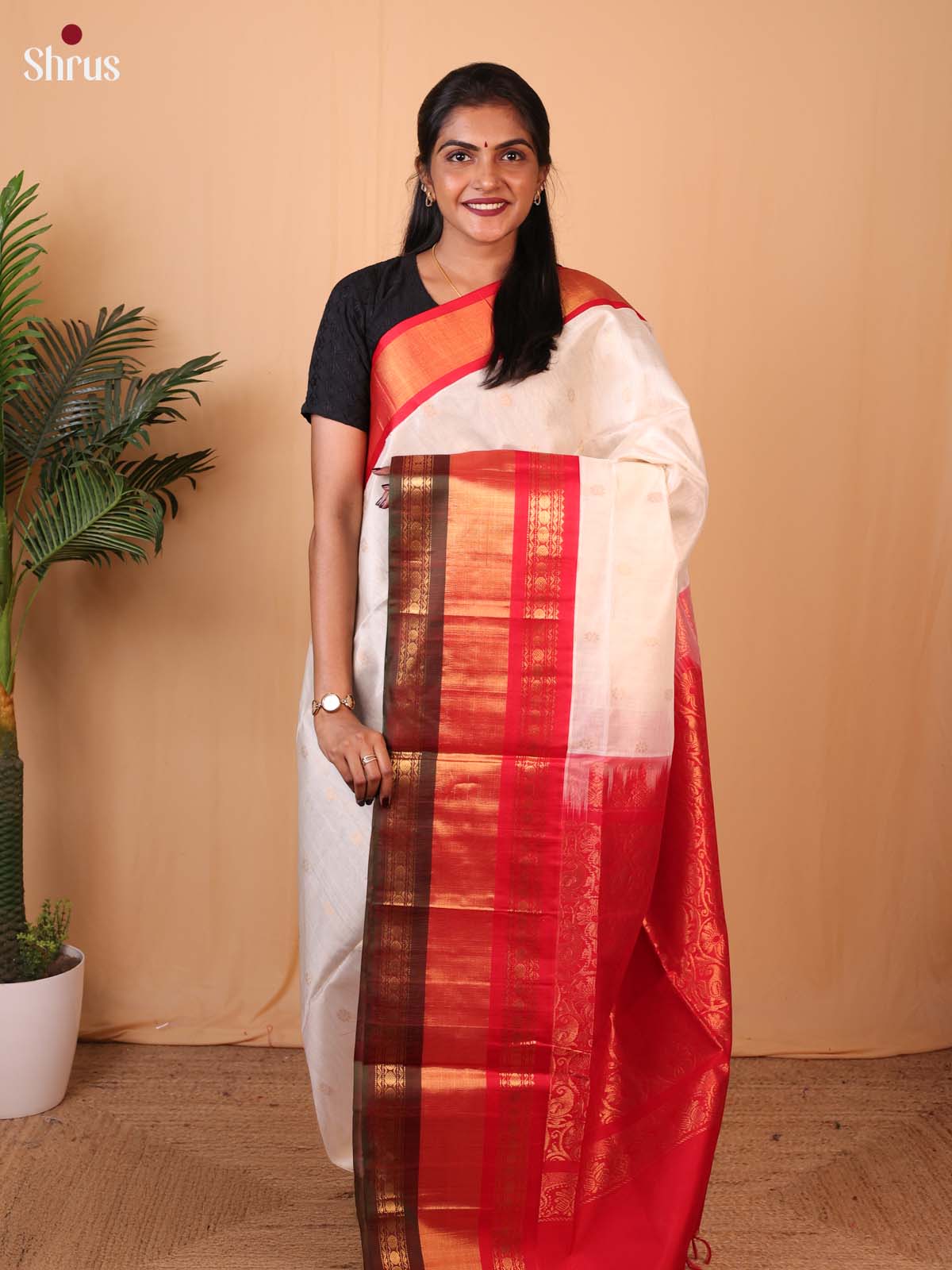 White & Red - Silk Cotton Saree - Shop on Shrus.com