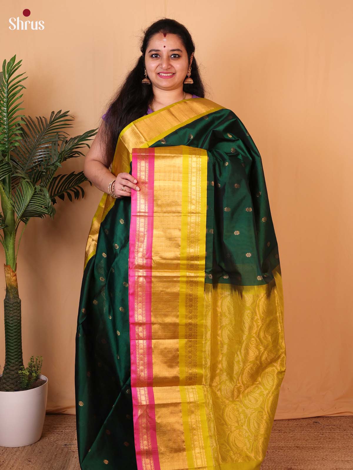 Green & Mustard - Silk Cotton Saree - Shop on Shrus.com