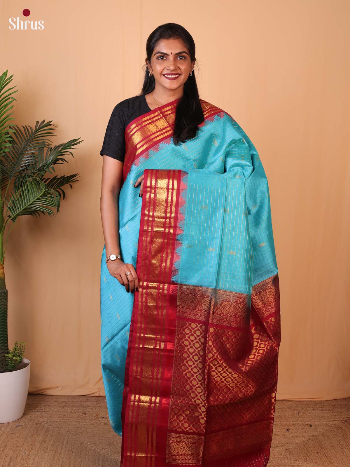 Enchanting Blue Silk Cotton Saree With Subtle Zari Kattams(Checks) And Buttas Across The Body And Contrast Maroon Border