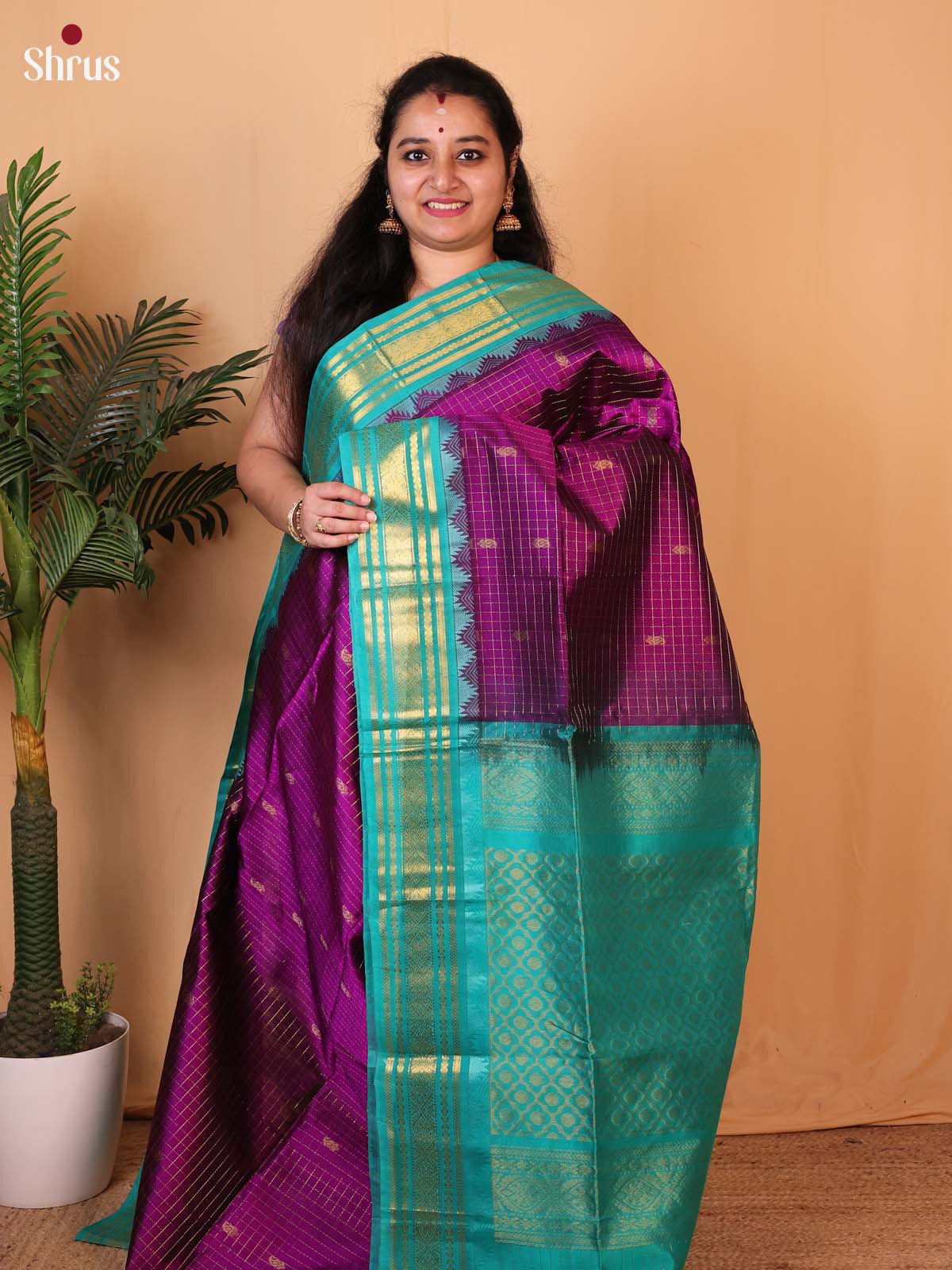 Violet & Teal - Silk Cotton Saree - Shop on Shrus.com