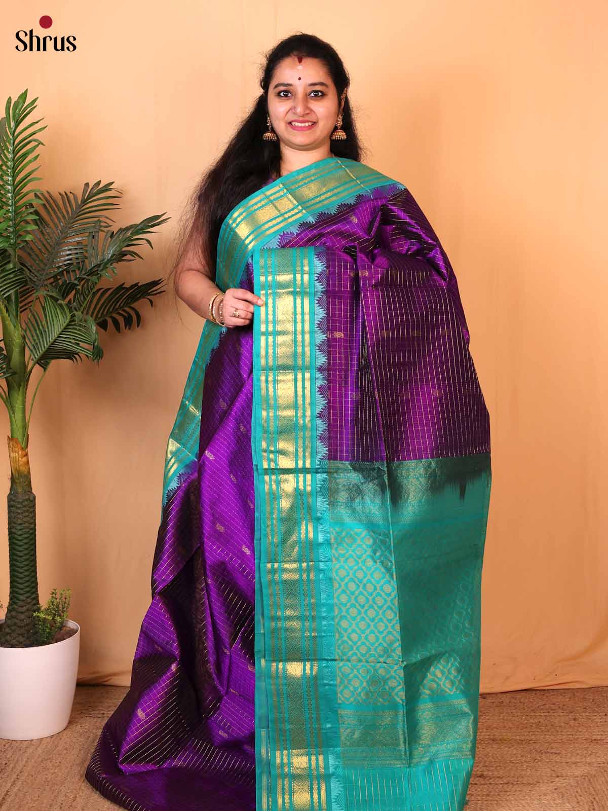 Violet & Teal - Silk Cotton Saree - Shop on Shrus.com