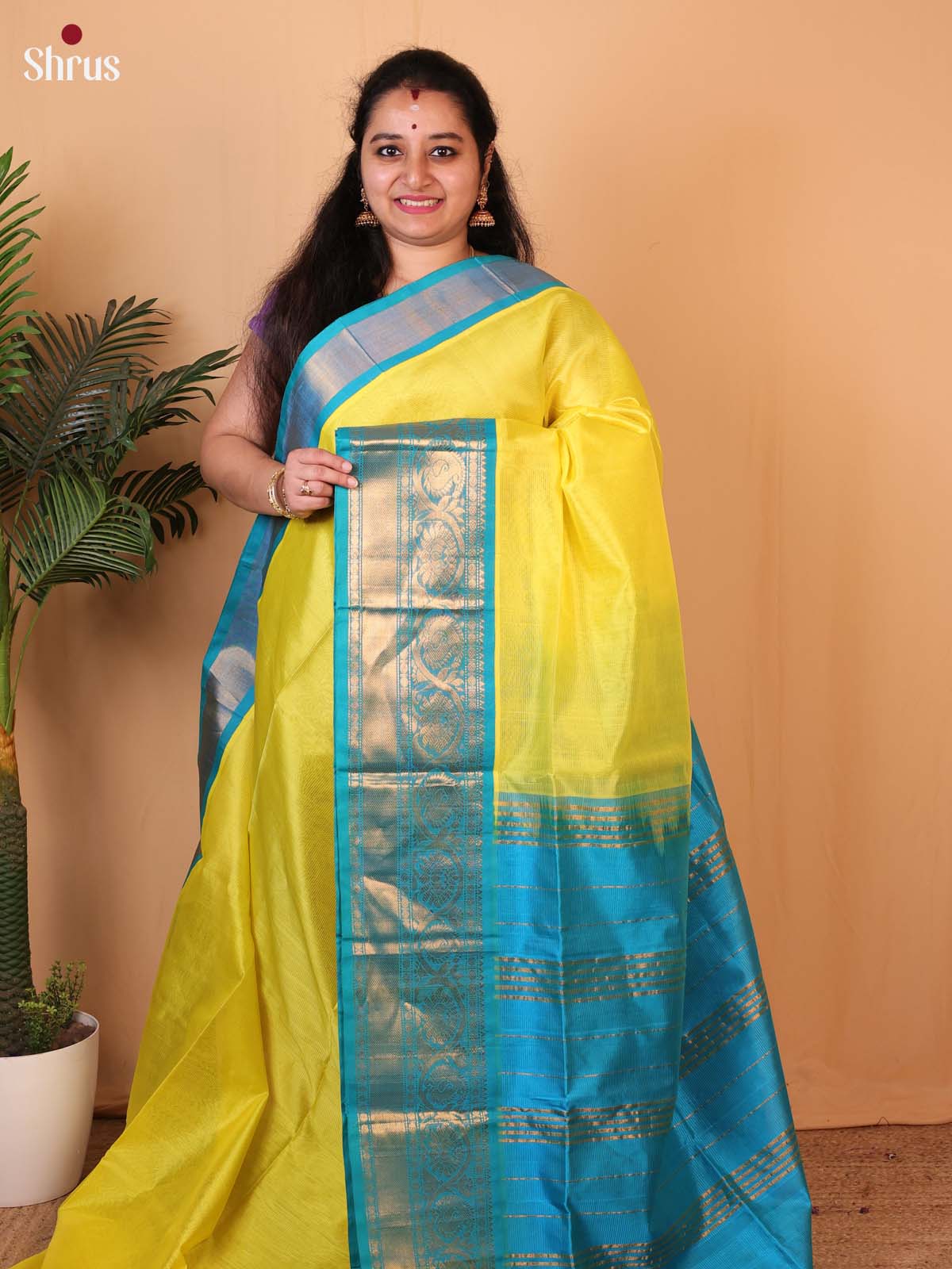 Lemon Yellow & Blue - Silk Cotton Saree - Shop on Shrus.com