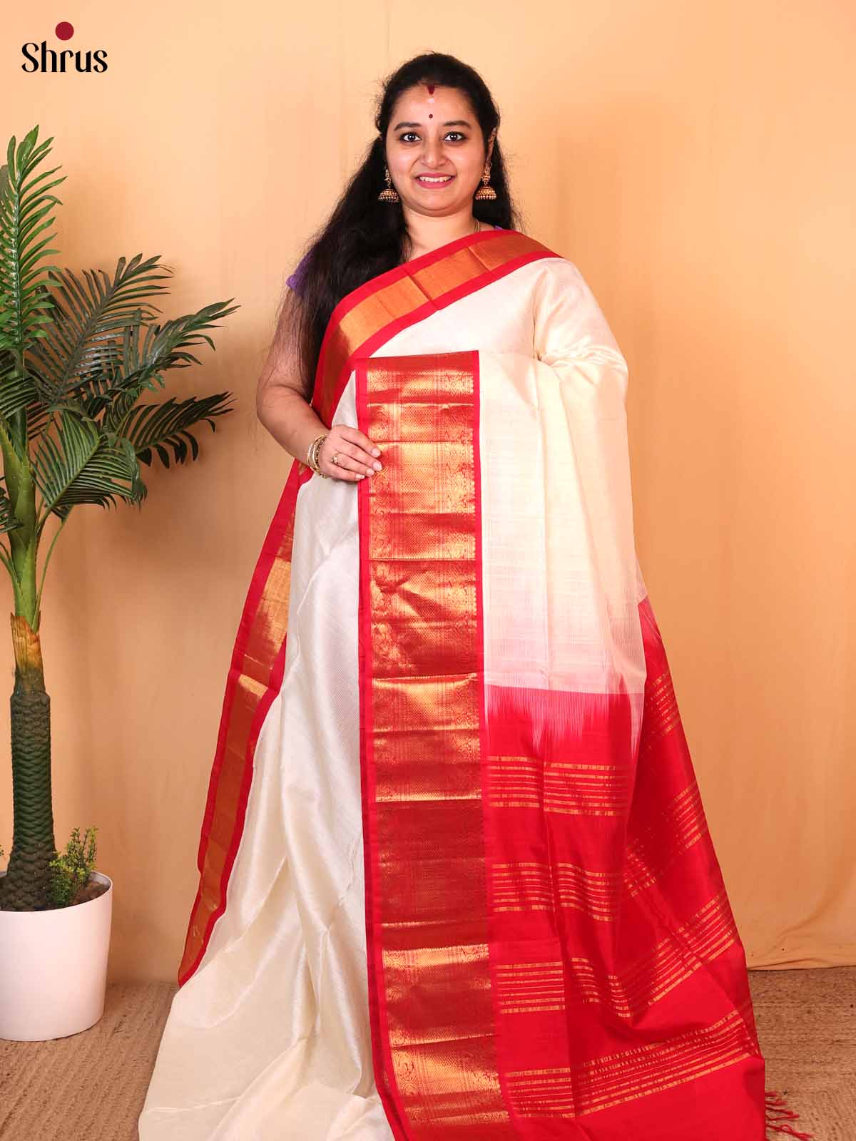 Cream & Red - Silk Cotton Saree - Shop on Shrus.com