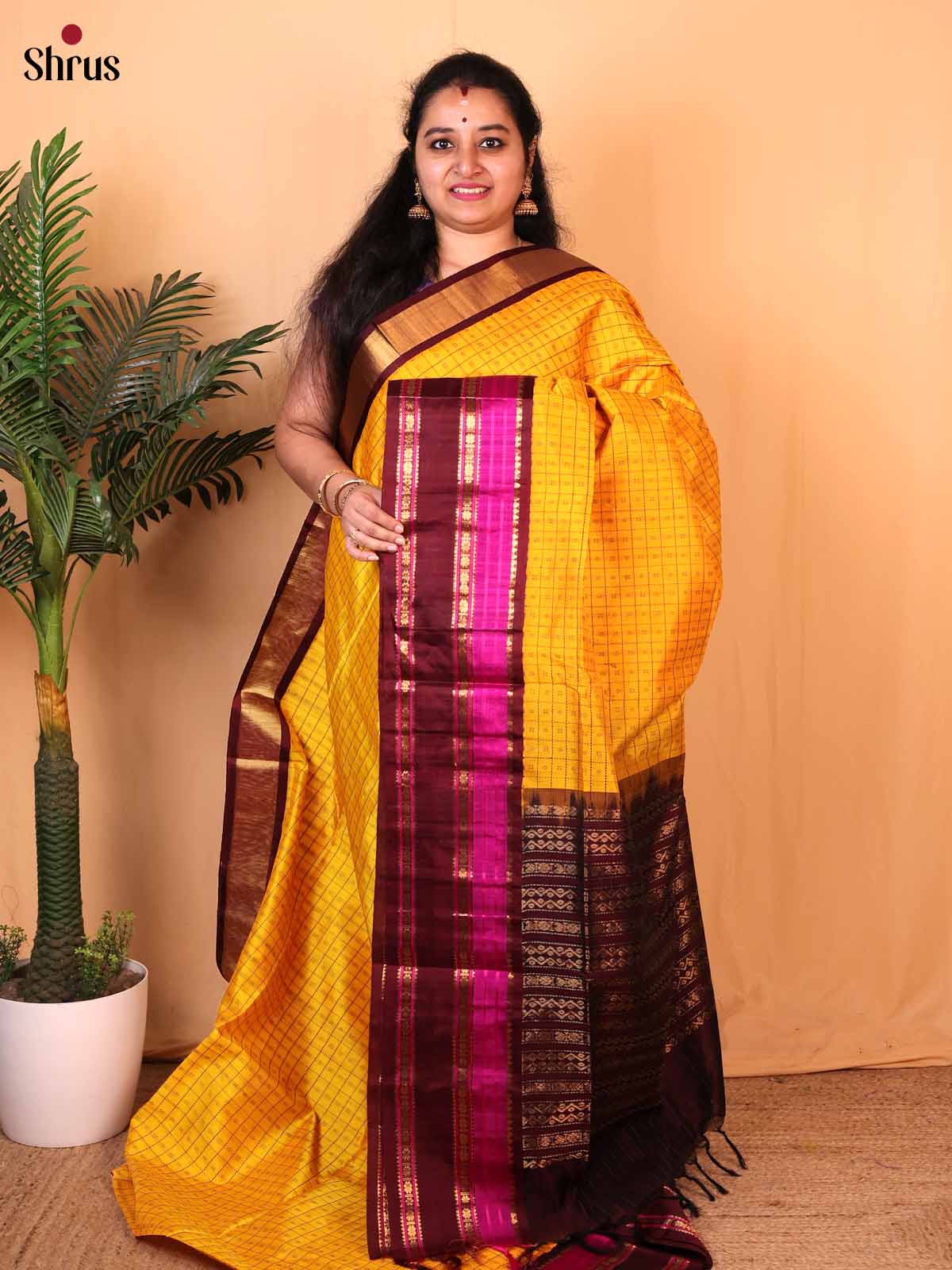 Yellow & Brown - Silk Cotton Saree - Shop on Shrus.com