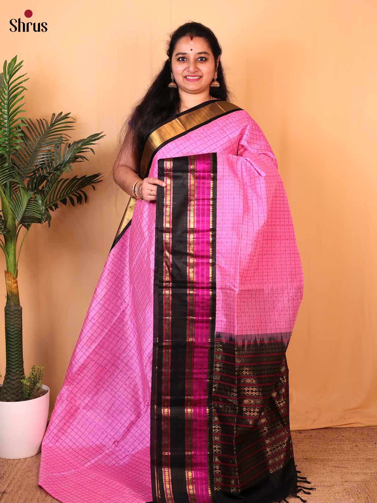 Pink & Black - Silk Cotton Saree - Shop on Shrus.com