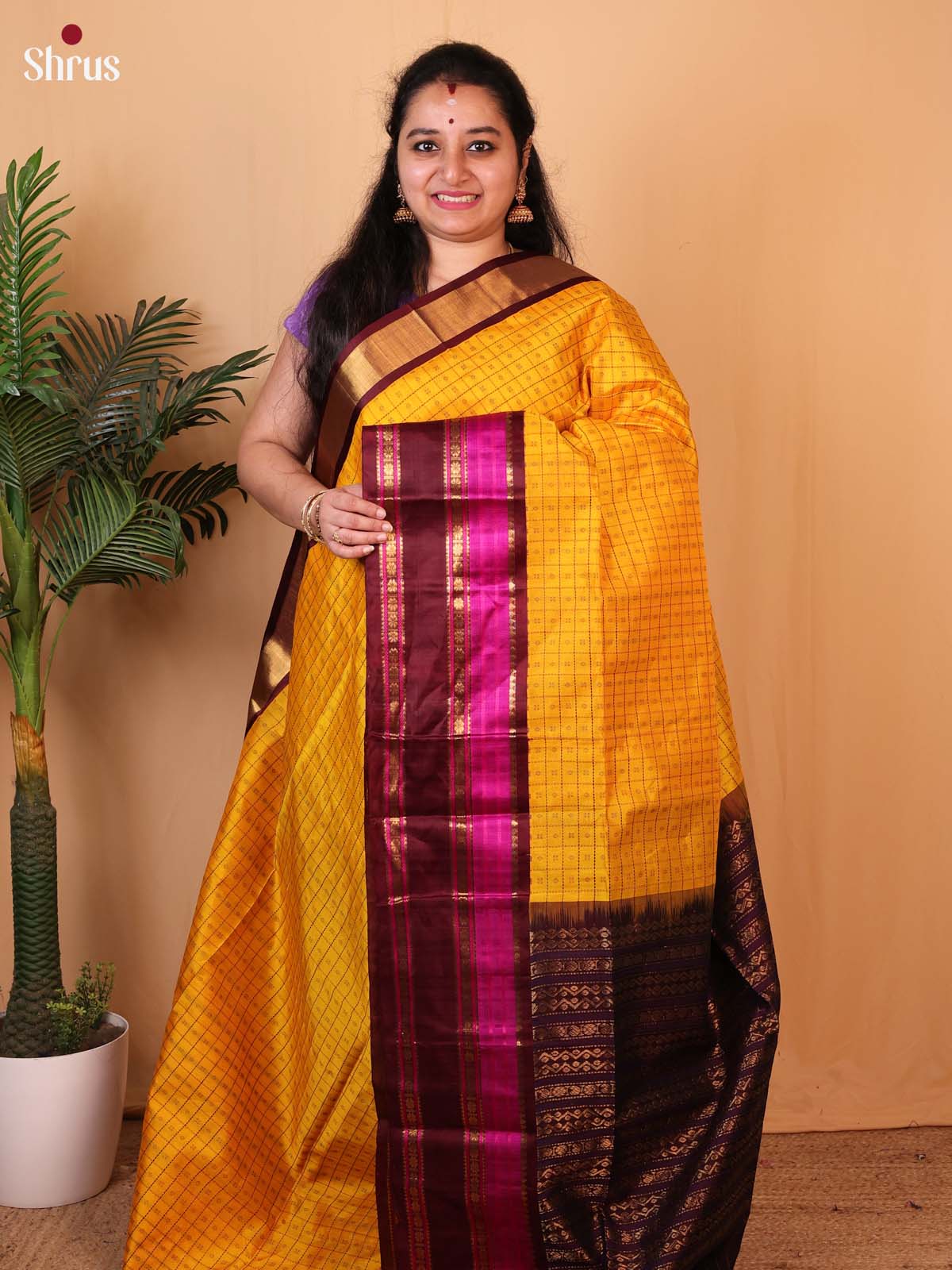 Yellow & Brown - Silk Cotton Saree - Shop on Shrus.com