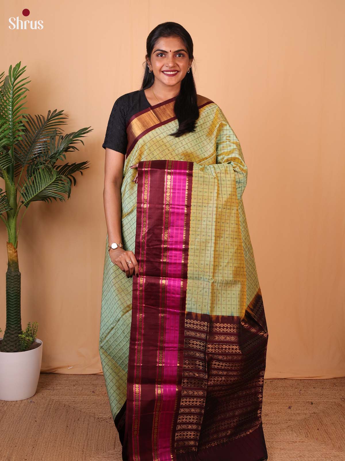 Green & Brown - Silk Cotton Saree - Shop on Shrus.com