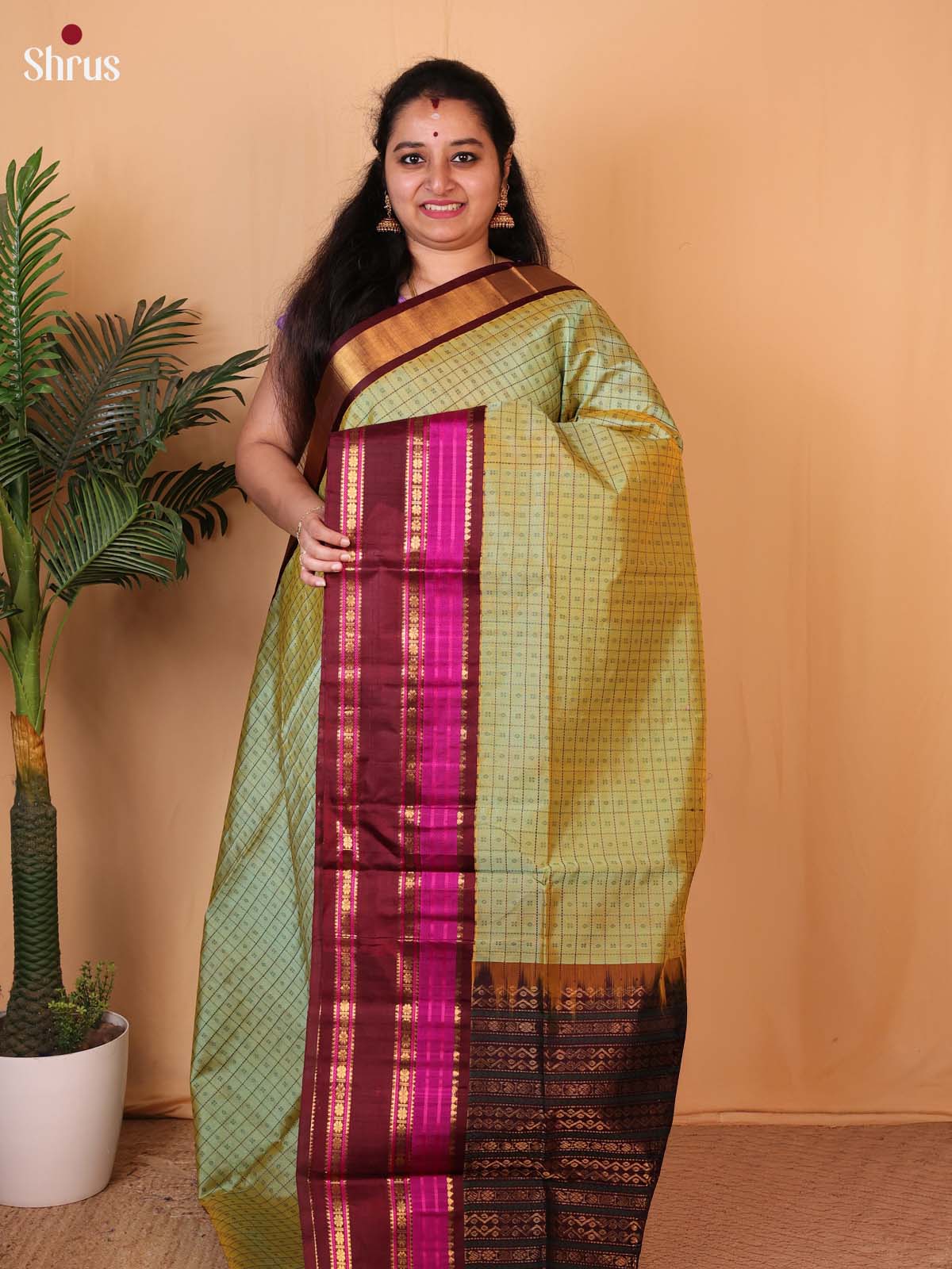 Green & Brown - Silk Cotton Saree - Shop on Shrus.com