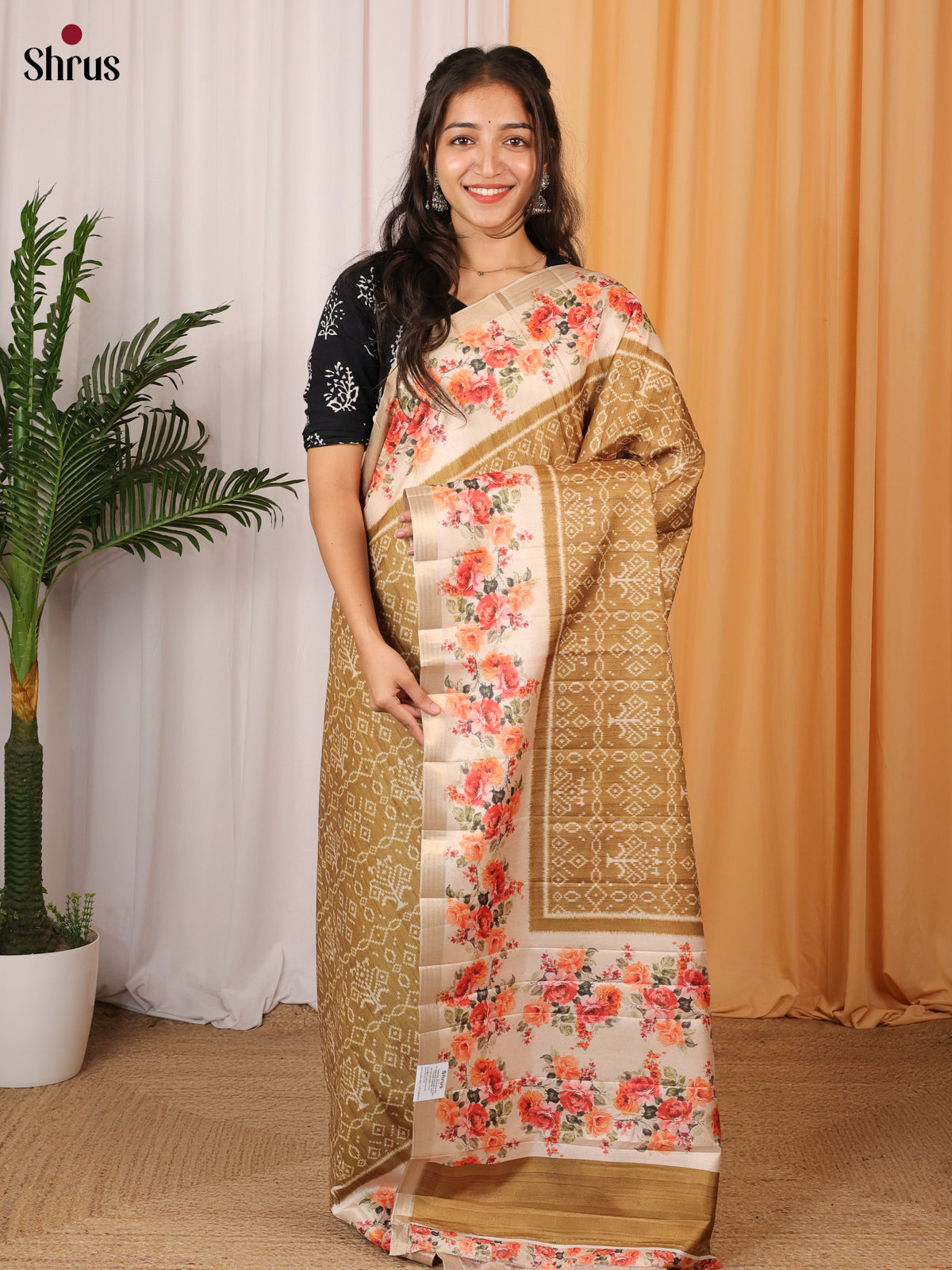 Dark Mustard & Cream - Printed Tussar Saree - Shop on Shrus.com