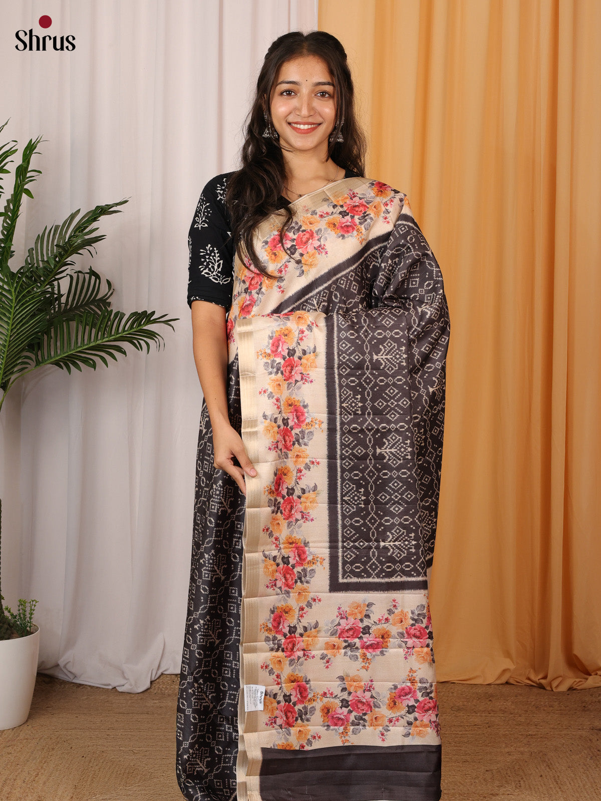 Black & Cream - Printed Tussar Saree - Shop on Shrus.com