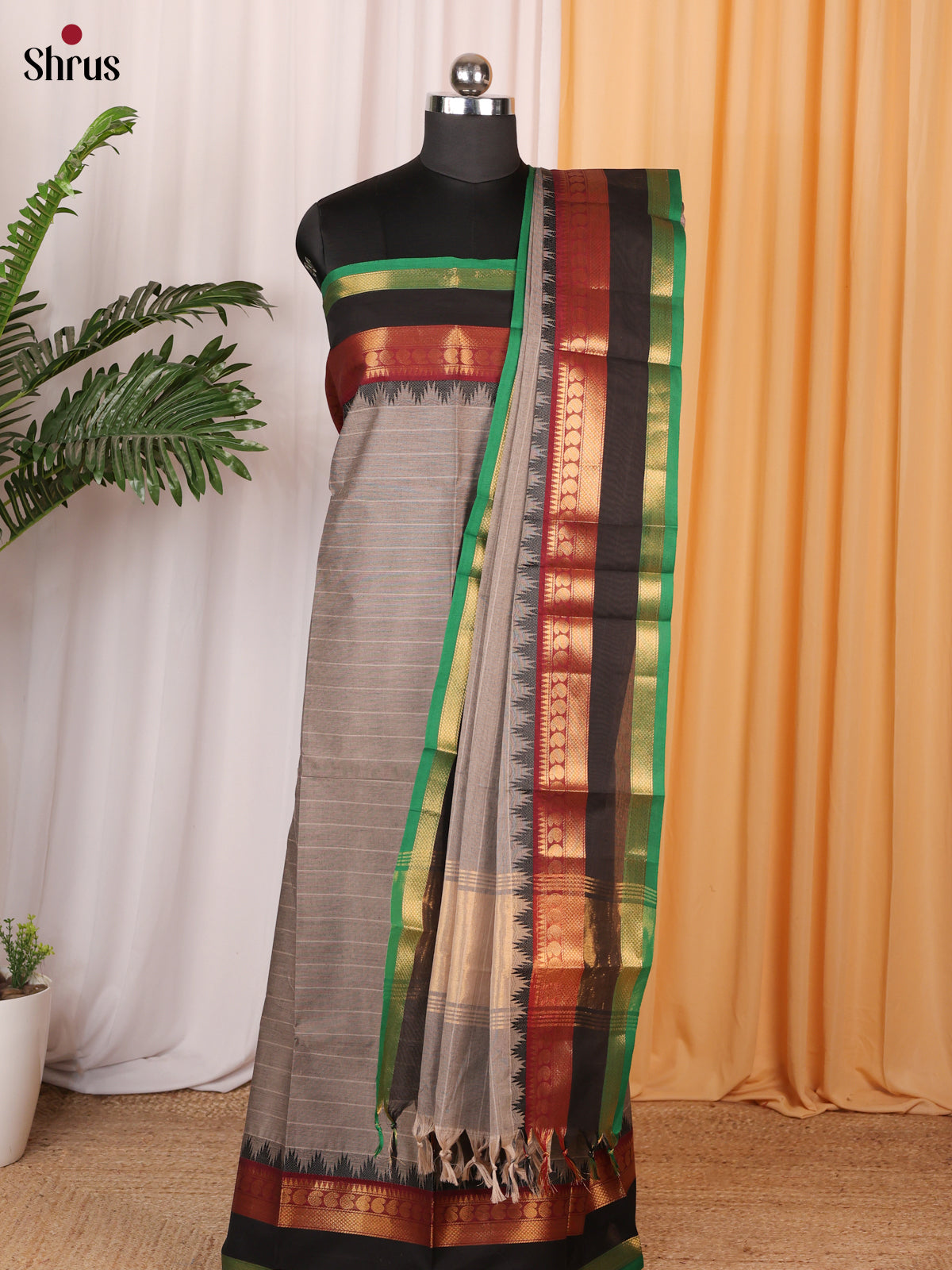 Grey & Black -Chettinad Cotton Unstitched Top & Dupatta - CLS09095 - Shop on Shrus.com