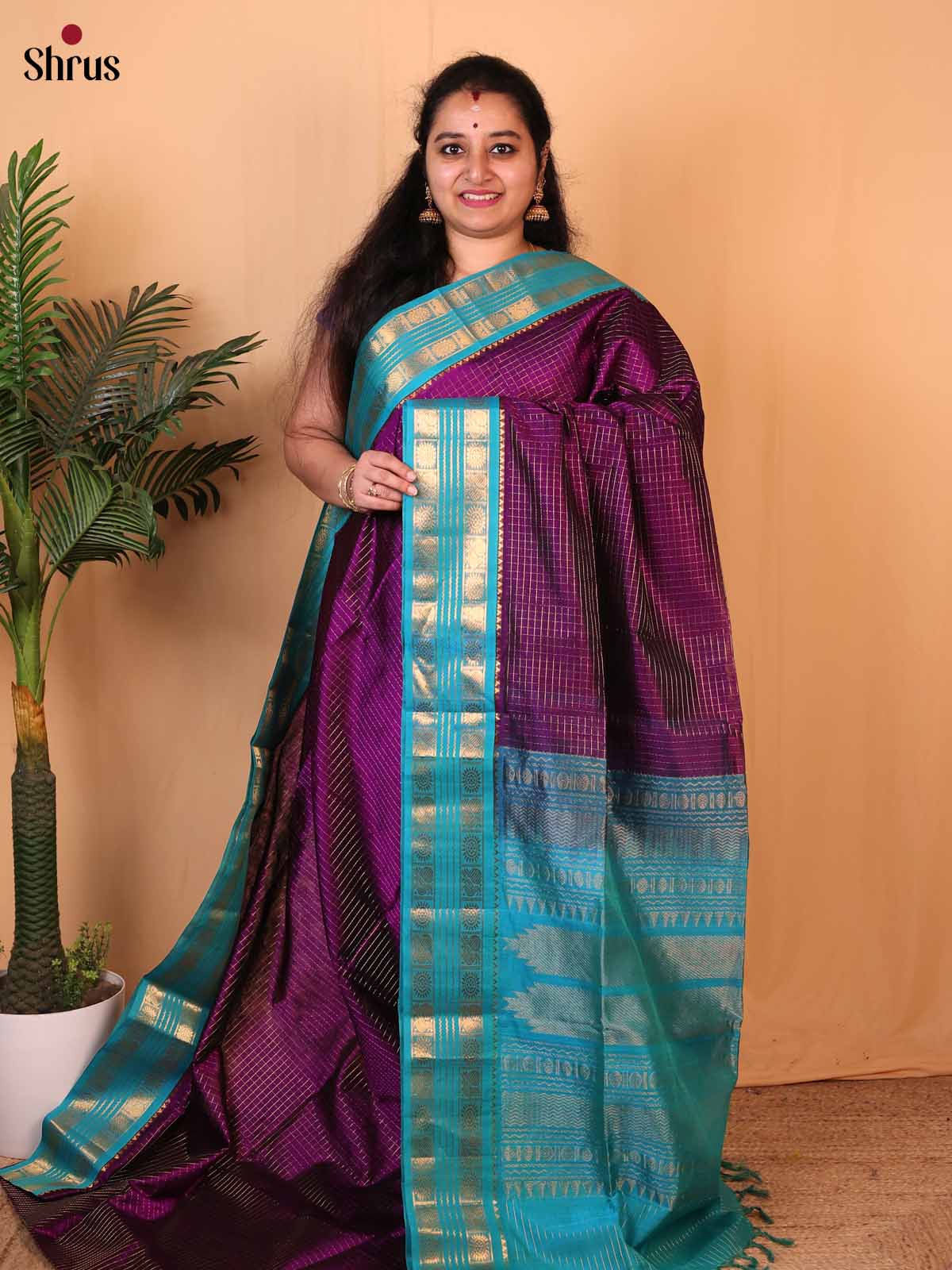 Violet & Teal - Silk Cotton Saree - Shop on Shrus.com