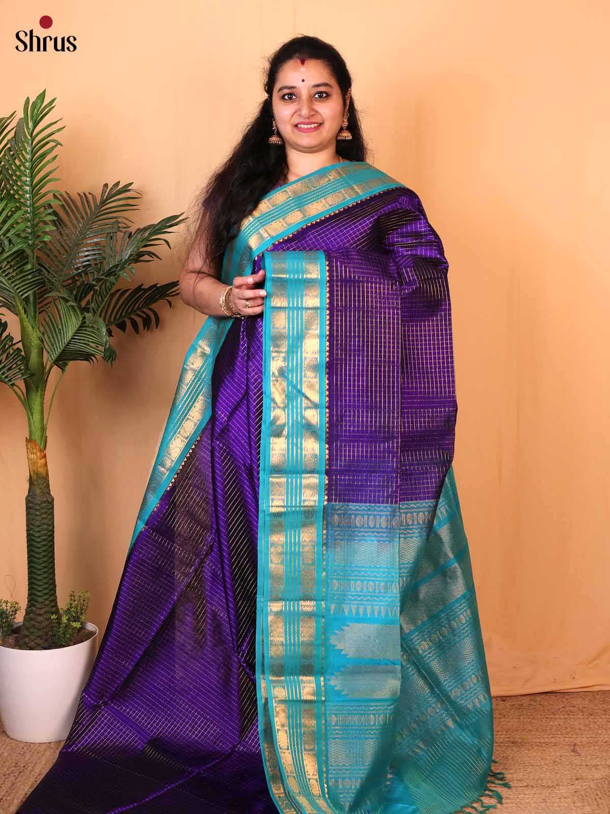 Violet & Teal - Silk Cotton Saree - Shop on Shrus.com