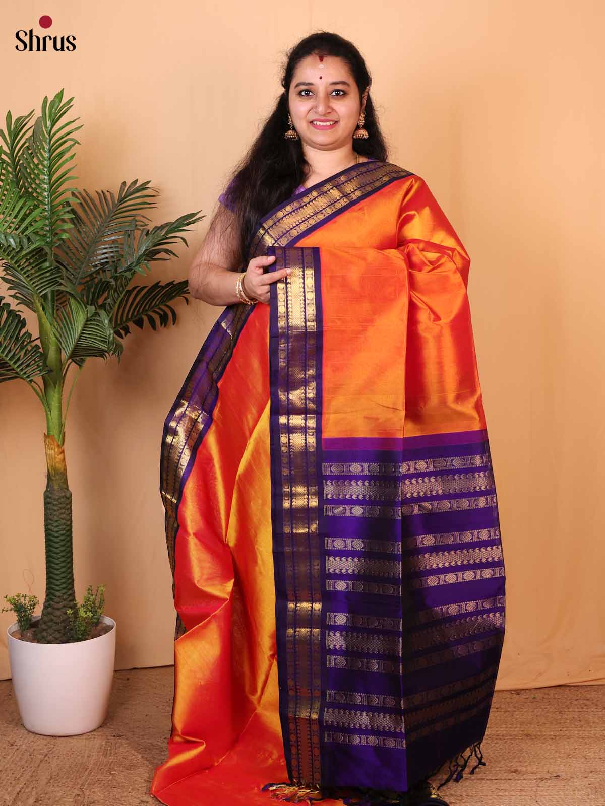 Orange & Violet - Silk Cotton Saree - Shop on Shrus.com