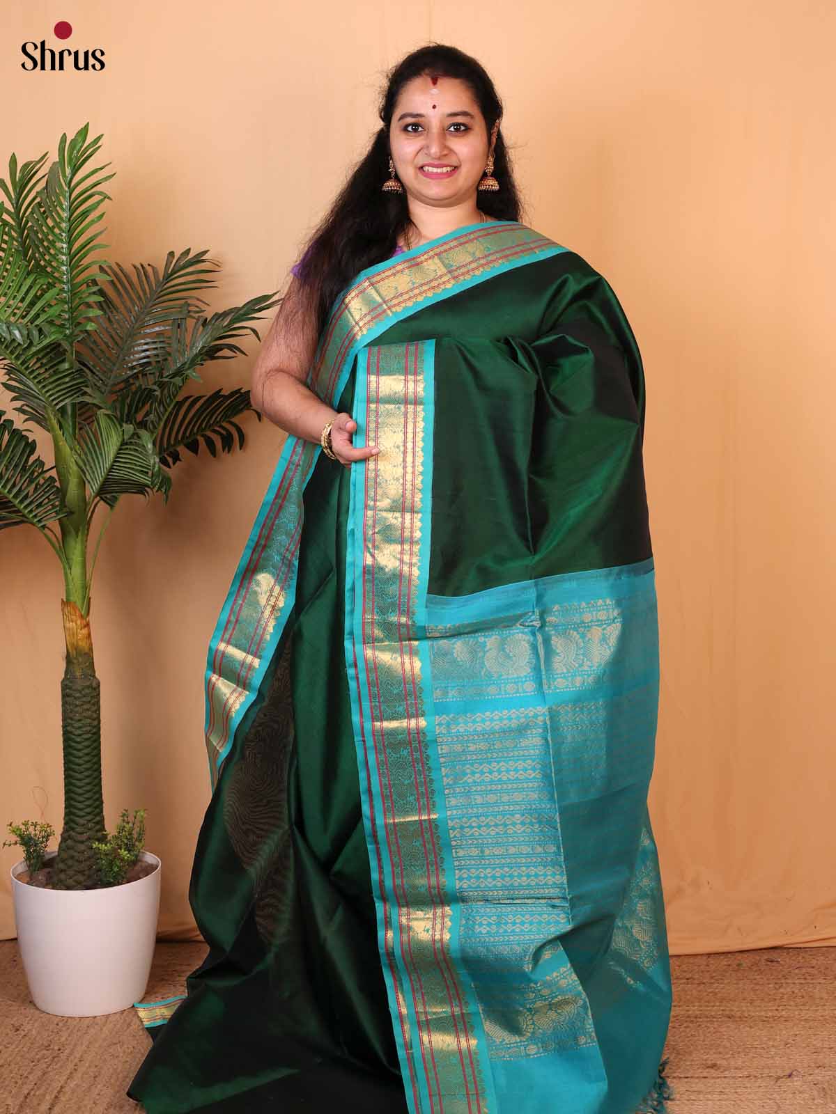 Bottle Green & Blue - Silk Cotton Saree - Shop on Shrus.com