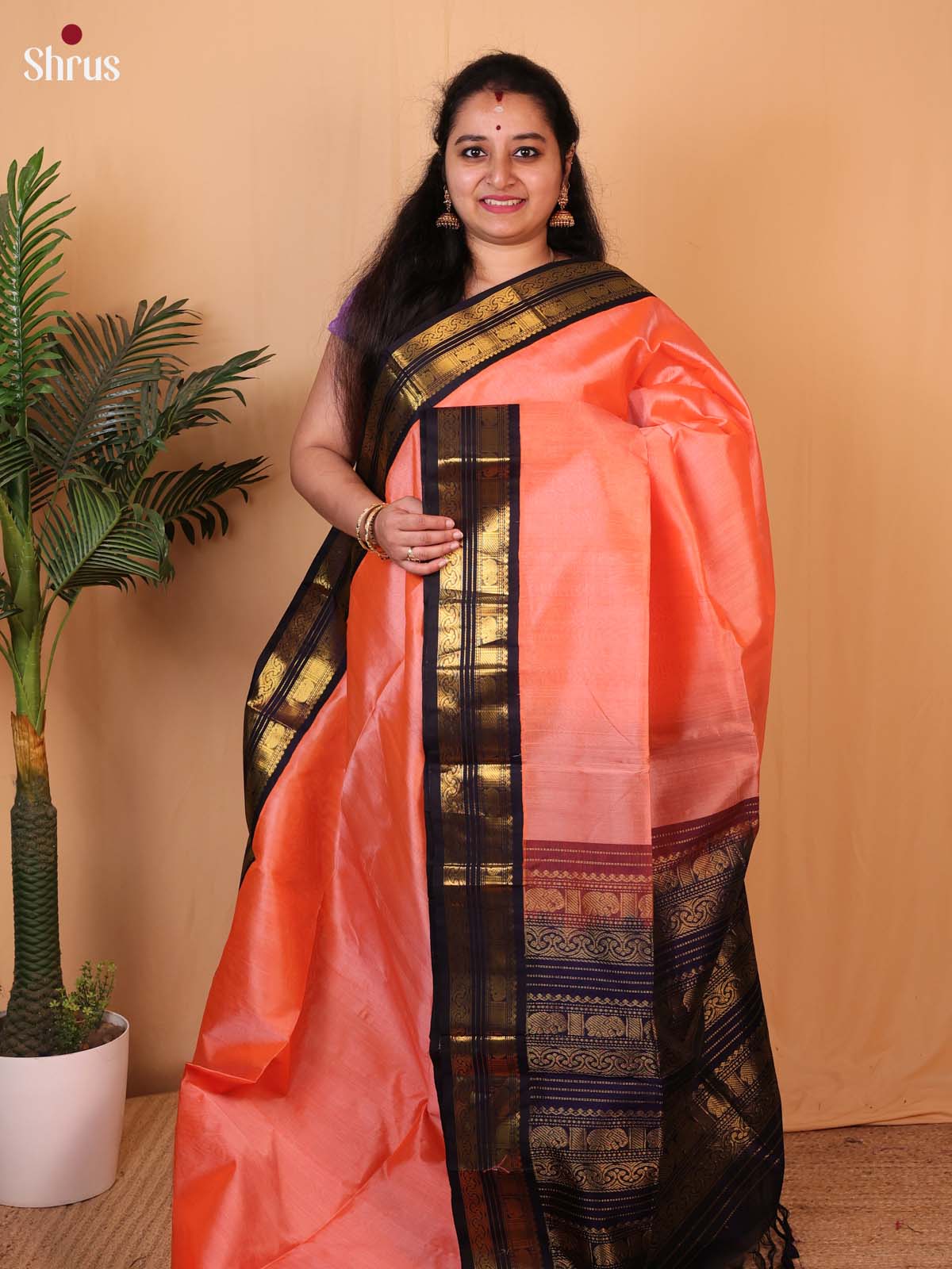 Peach & Dark Purple - Silk Cotton Saree - Shop on Shrus.com