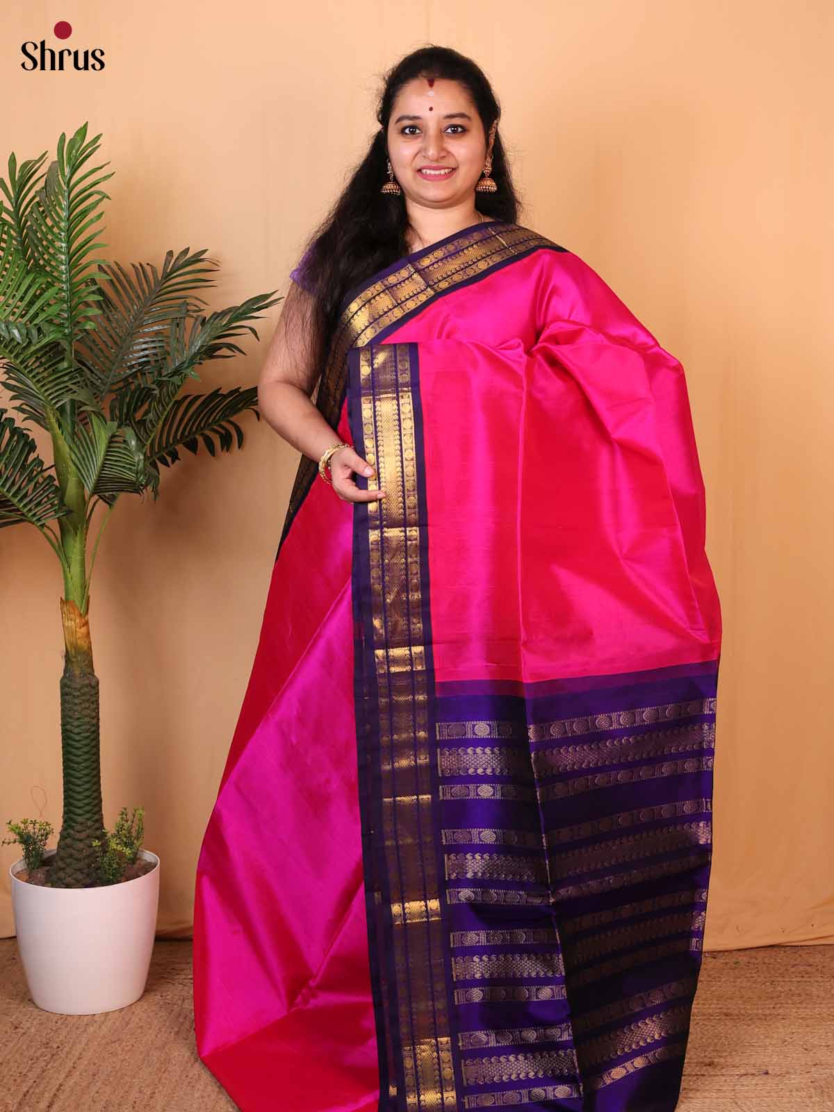 Pink & Violet- Silk Cotton Saree - Shop on Shrus.com