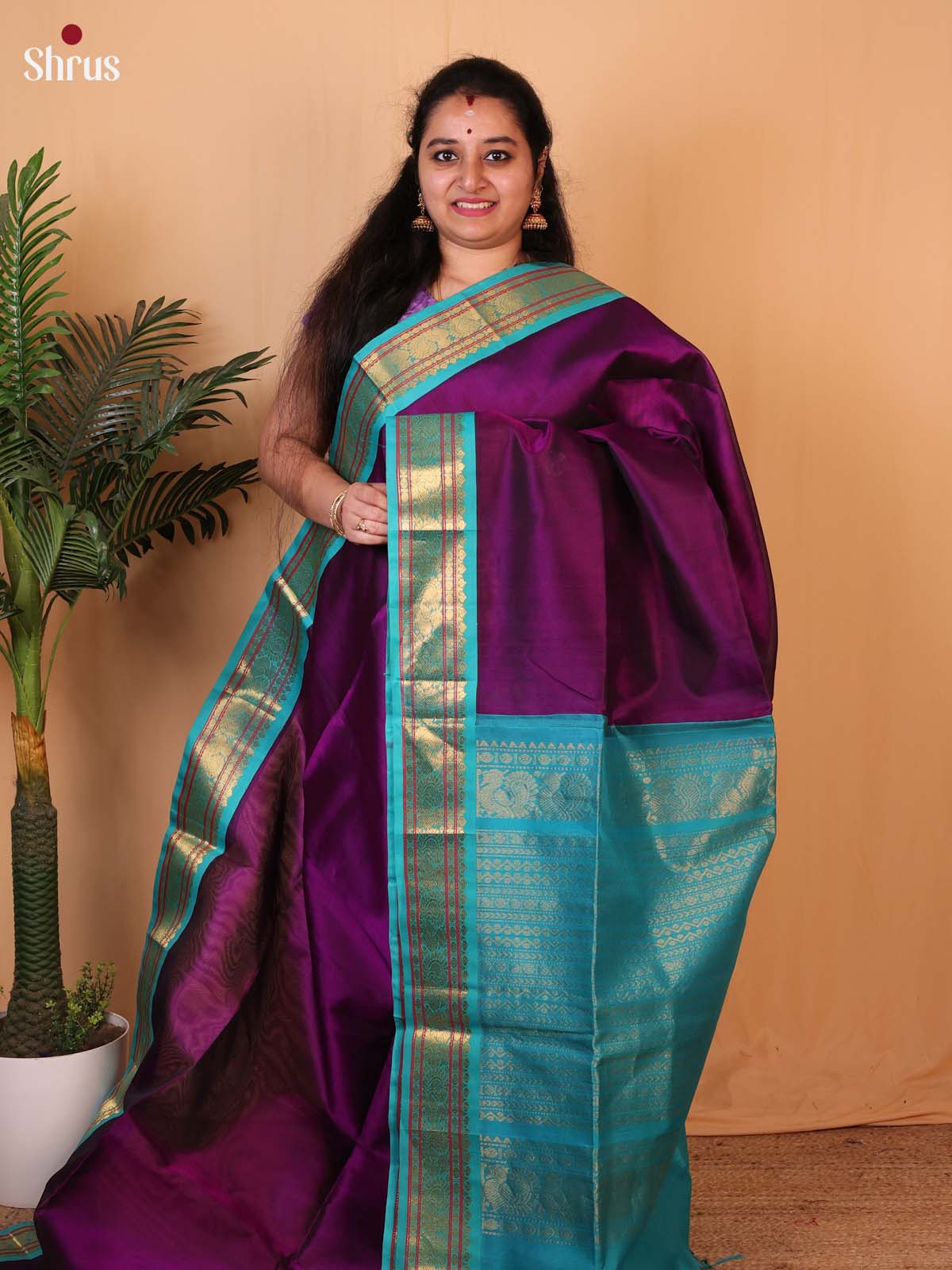 Violet & Teal- Silk Cotton Saree - Shop on Shrus.com