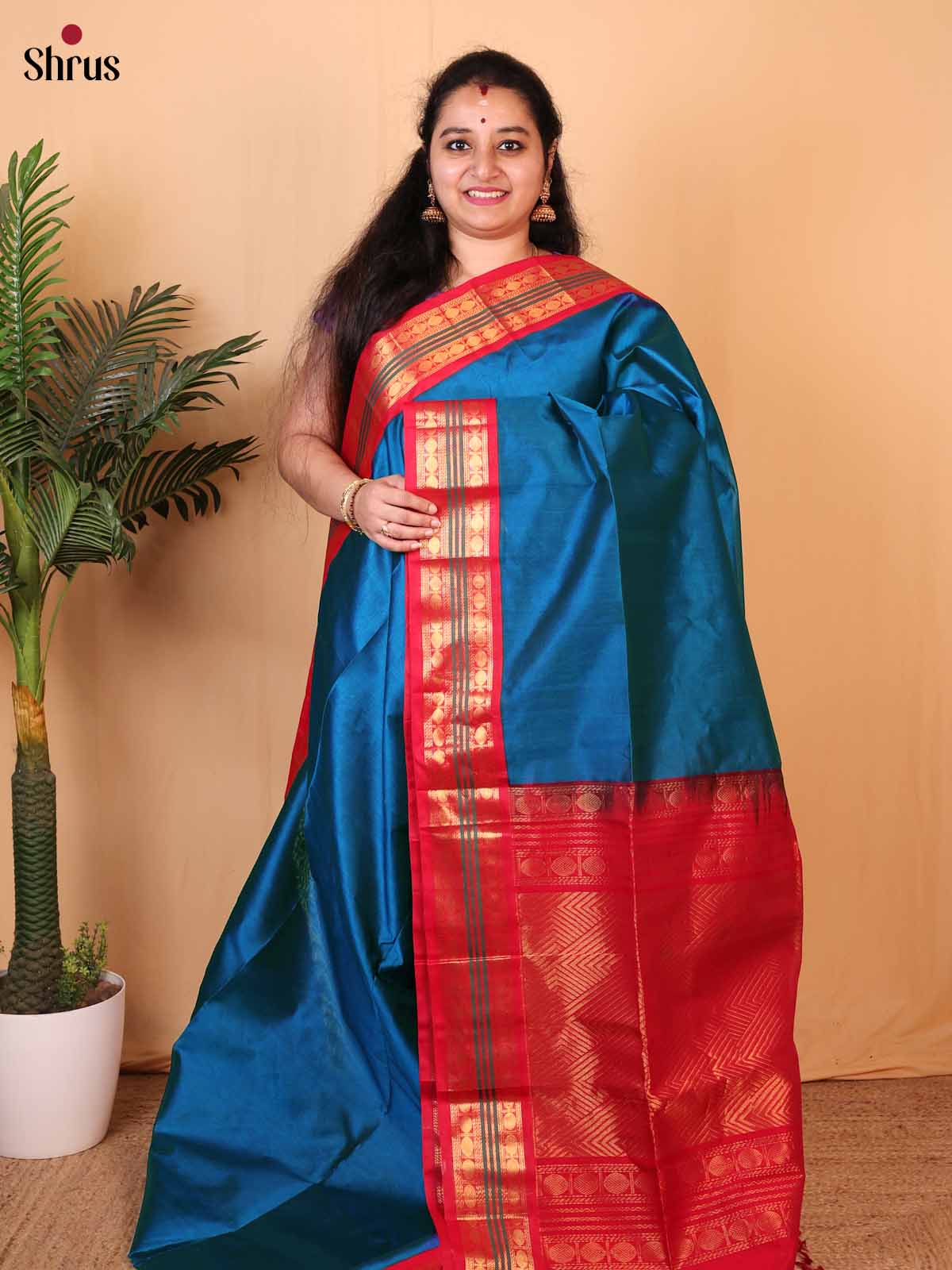Blue & Red - Silk Cotton Saree - Shop on Shrus.com