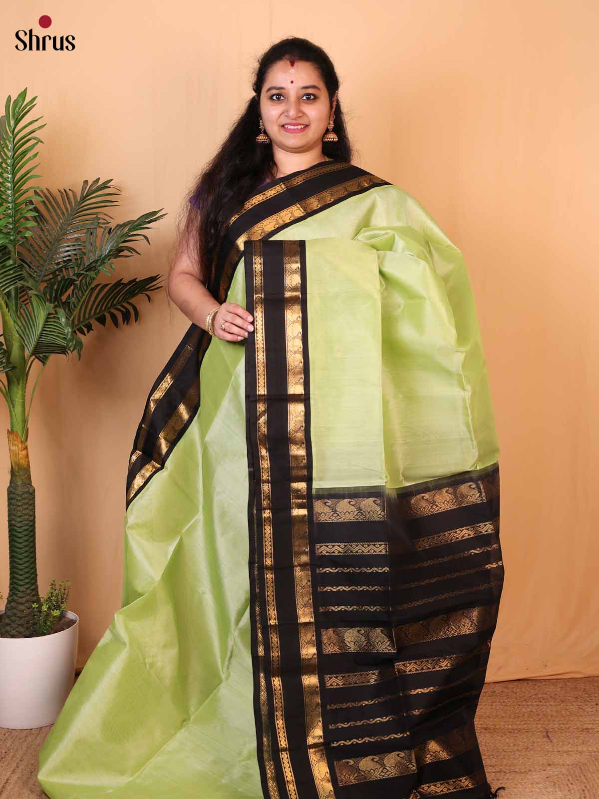 Lite Green & Black - Silk Cotton Saree - Shop on Shrus.com