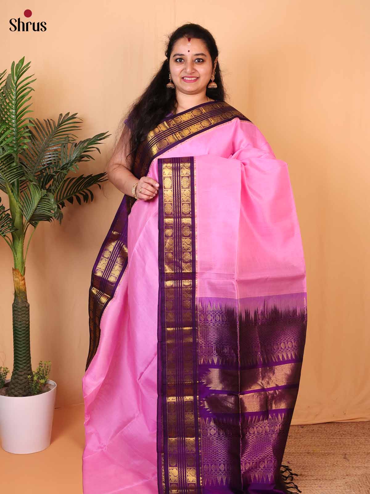 Pink & Violet - Silk Cotton Saree - Shop on Shrus.com