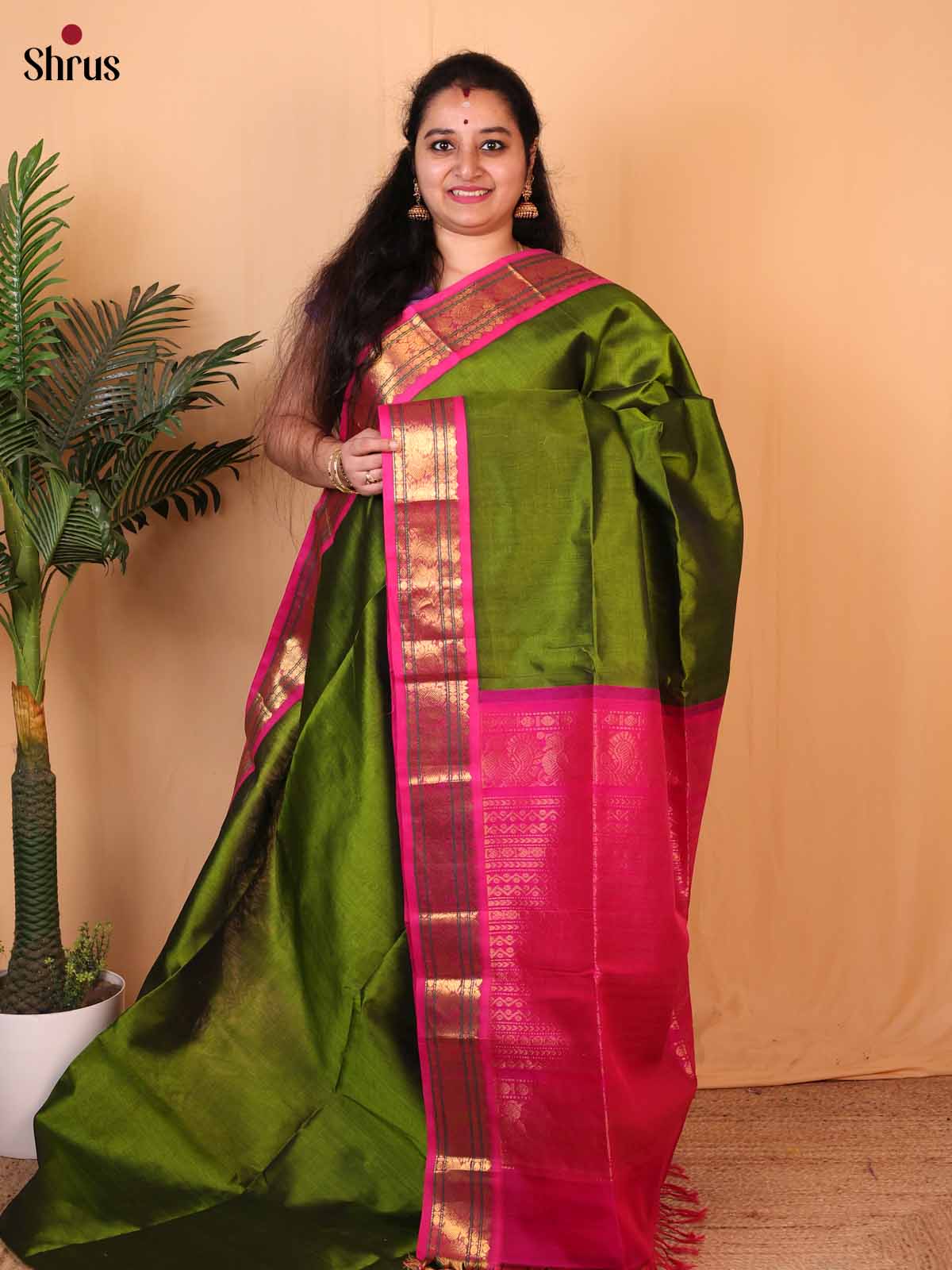 Green & Pink - Silk Cotton Saree - Shop on Shrus.com