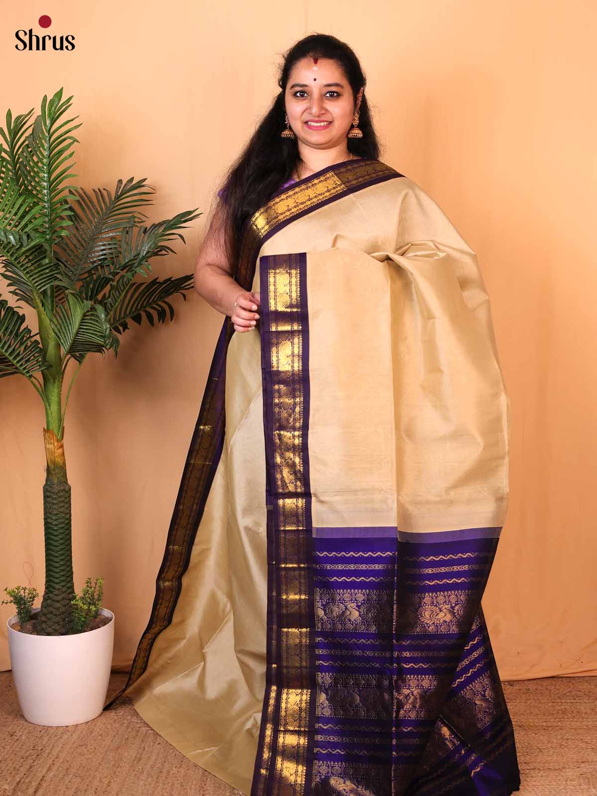 Beige & Violet - Silk Cotton Saree - Shop on Shrus.com