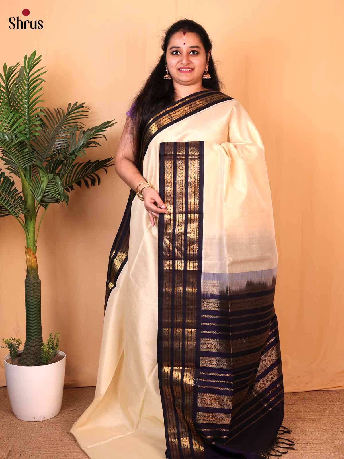 Cream & Violet - Silk Cotton Saree - Shop on Shrus.com