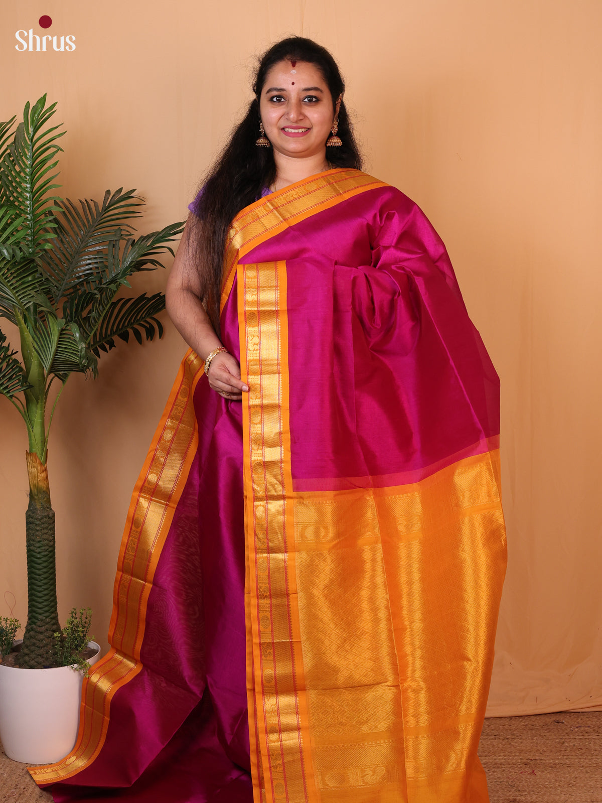 Majenta & Orange - Silk Cotton Saree - Shop on Shrus.com