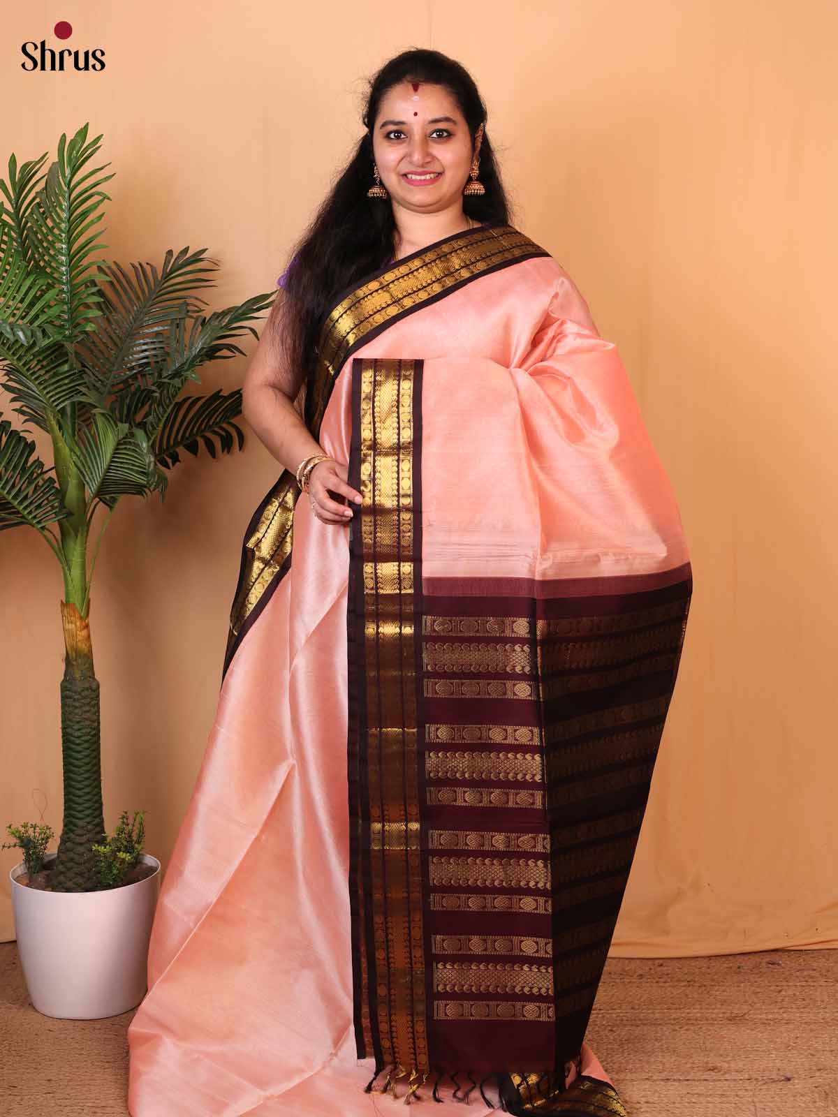 Pink & Brown - Silk Cotton Saree - Shop on Shrus.com