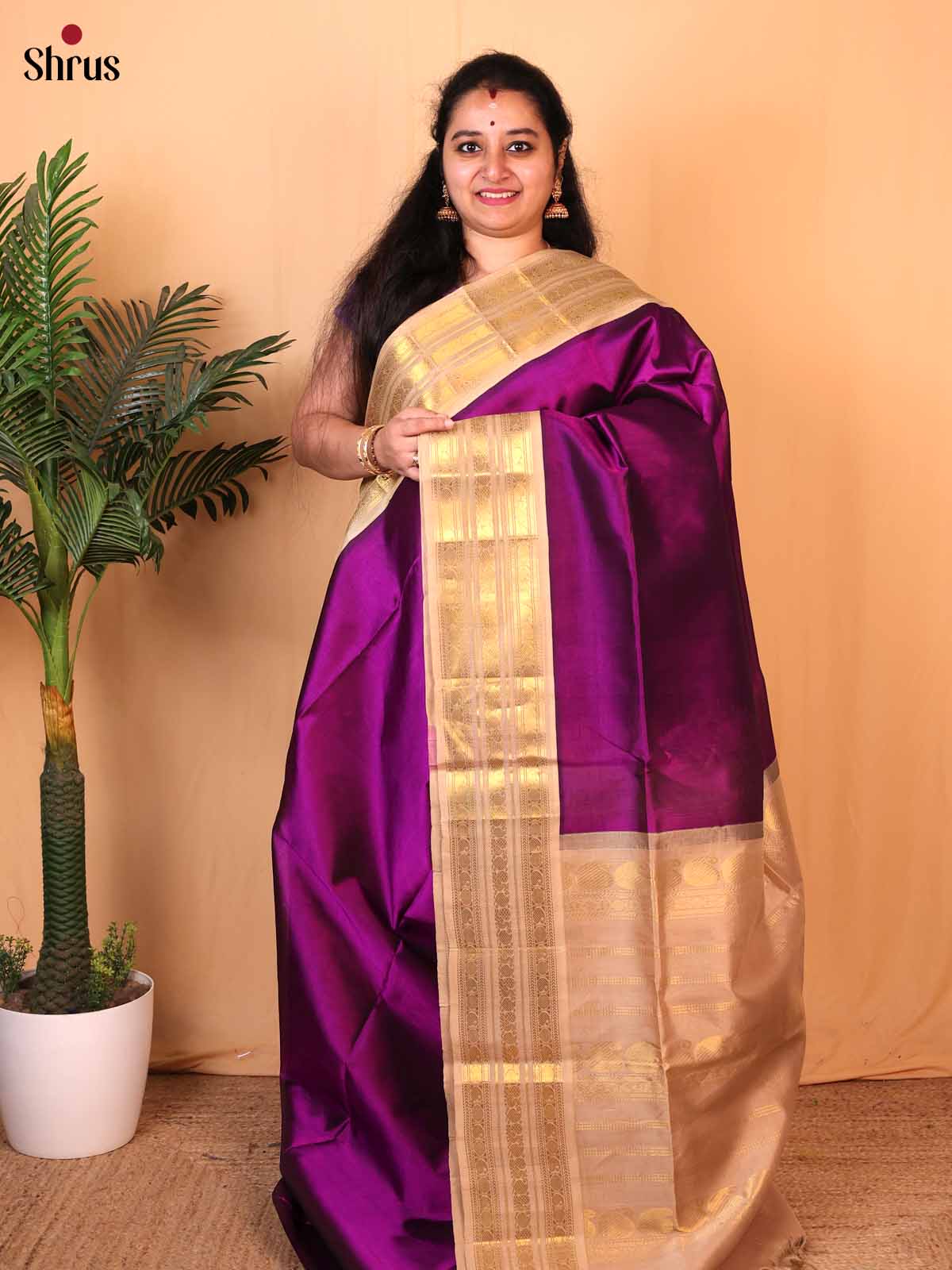 Violet & Peach- Silk Cotton Saree - Shop on Shrus.com
