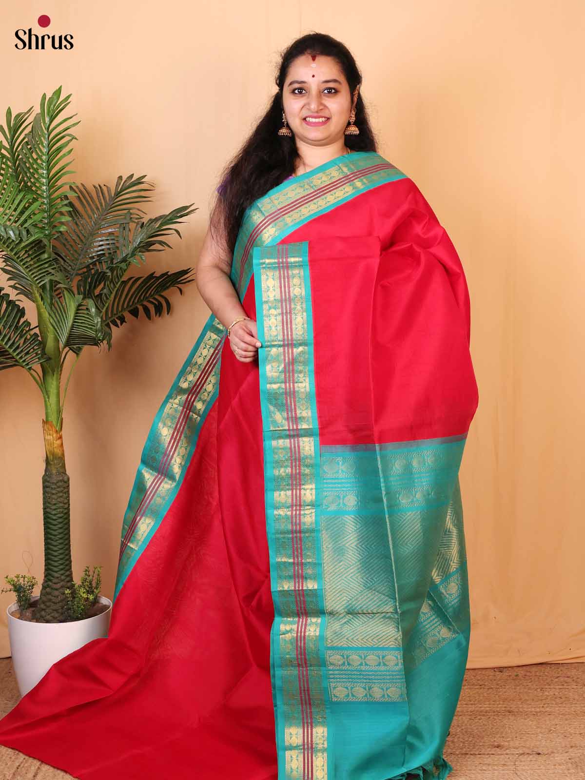 Red & Teal- Silk Cotton Saree - Shop on Shrus.com