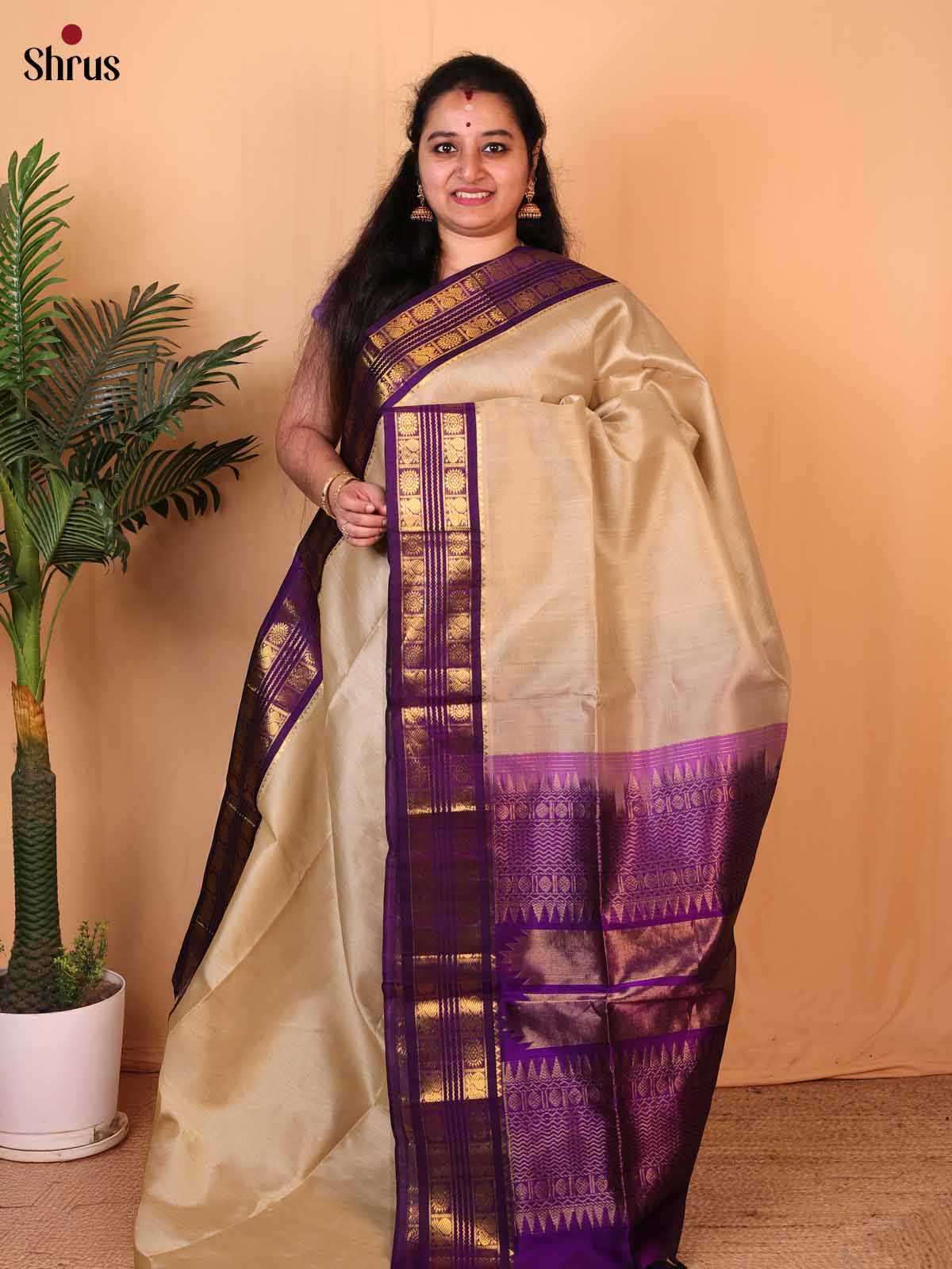 Cream & Violet - Silk Cotton Saree - Shop on Shrus.com