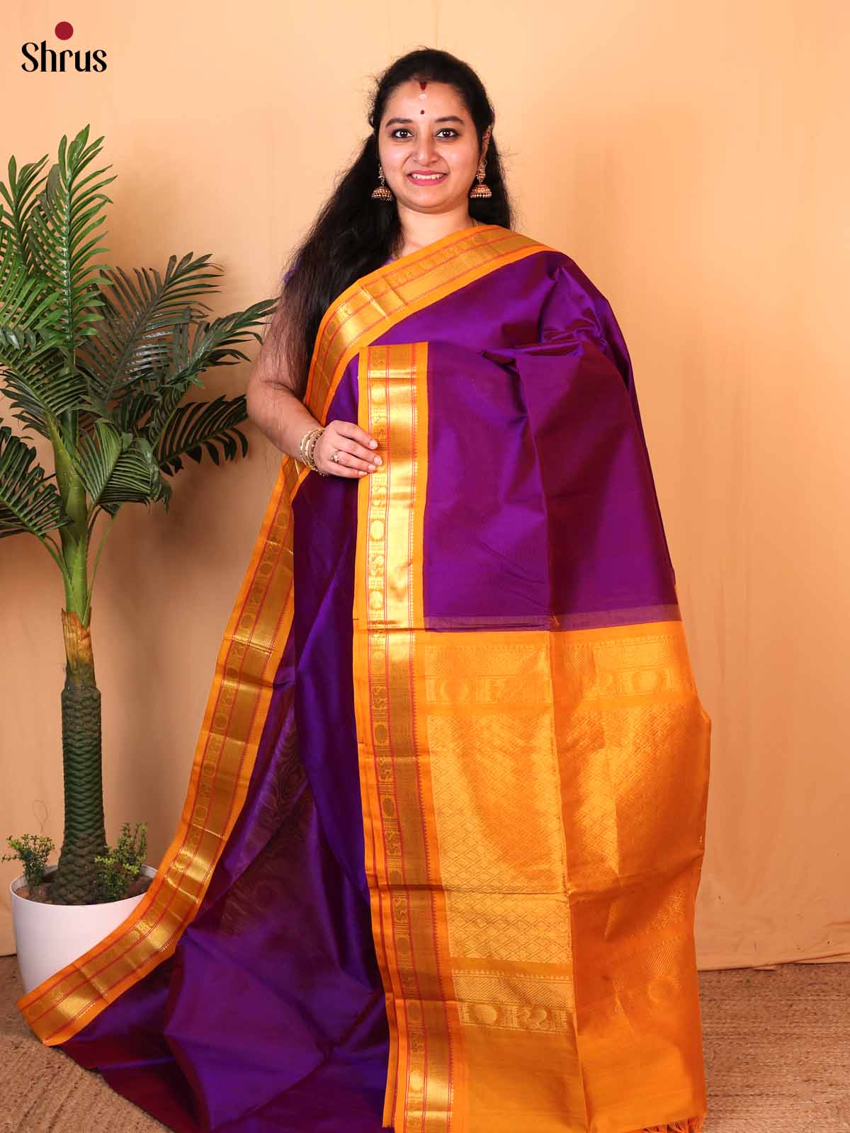 Violet & Orange - Silk Cotton Saree - Shop on Shrus.com