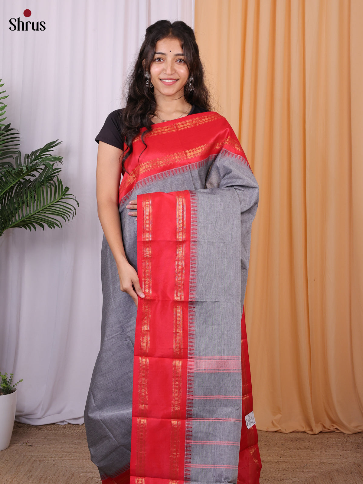 Grey & Red - Chettinad Cotton Saree - Shop on Shrus.com
