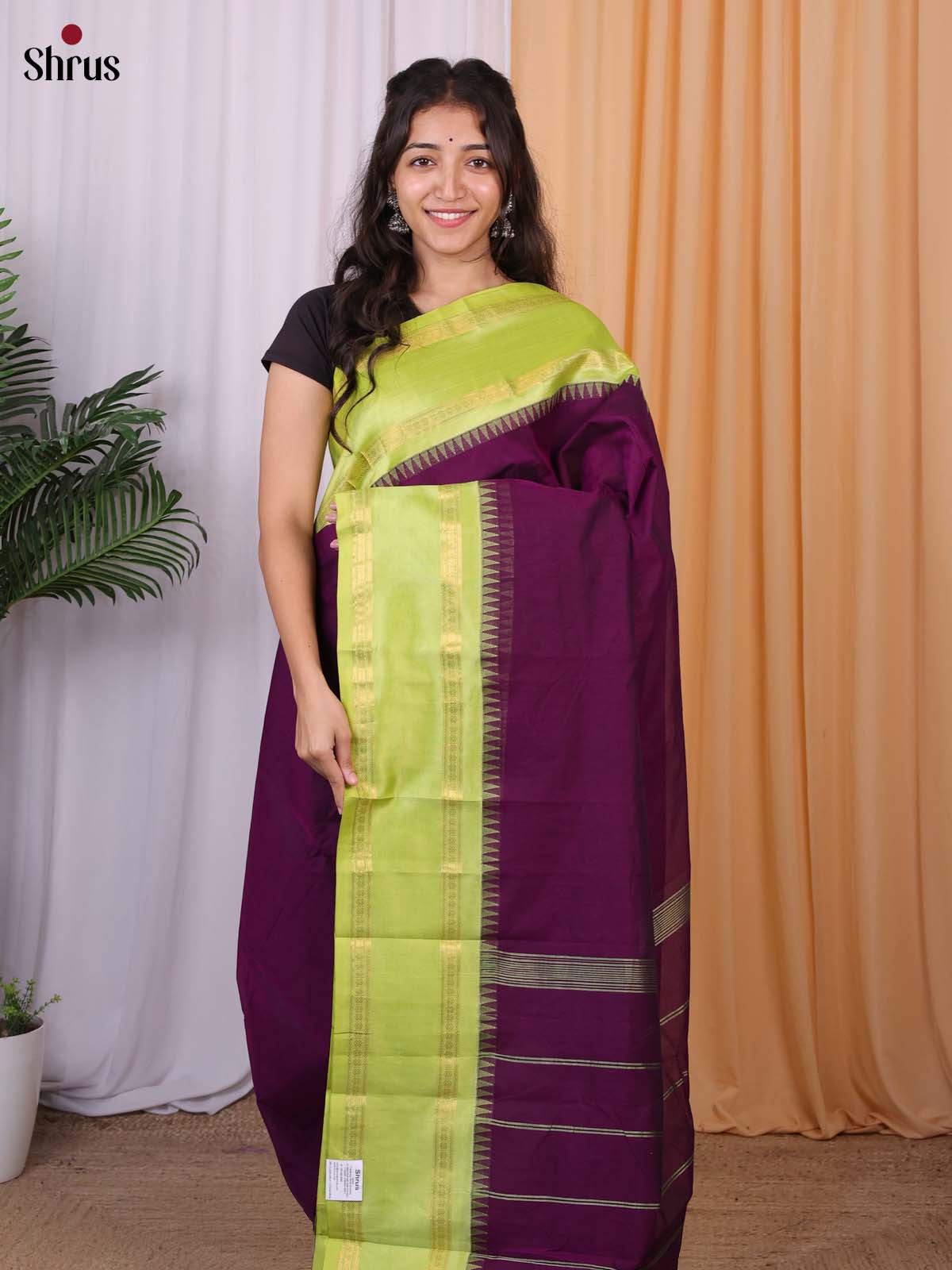 Dark Purple & Green - Chettinad Cotton Saree - Shop on Shrus.com