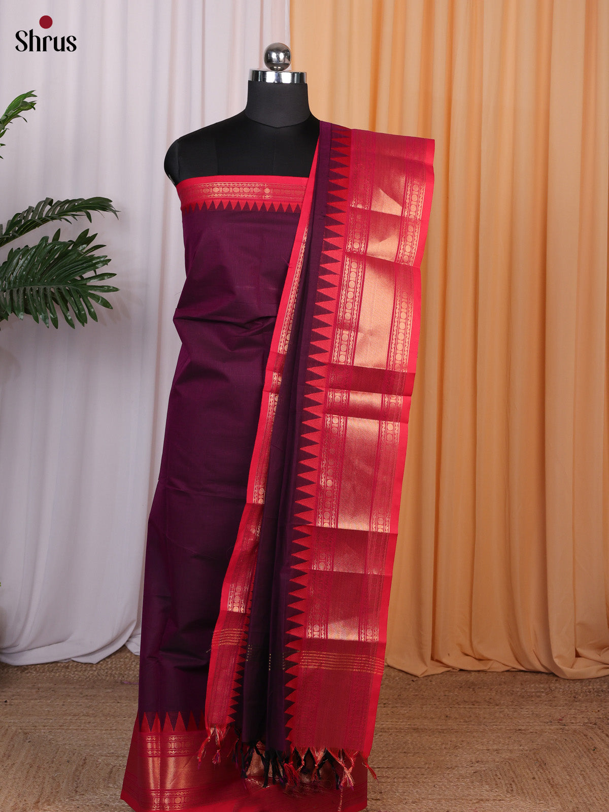 Dark Purple & Red - Chettinad Cotton Unstitched Top & Dupatta - CLS10056 - Shop on Shrus.com